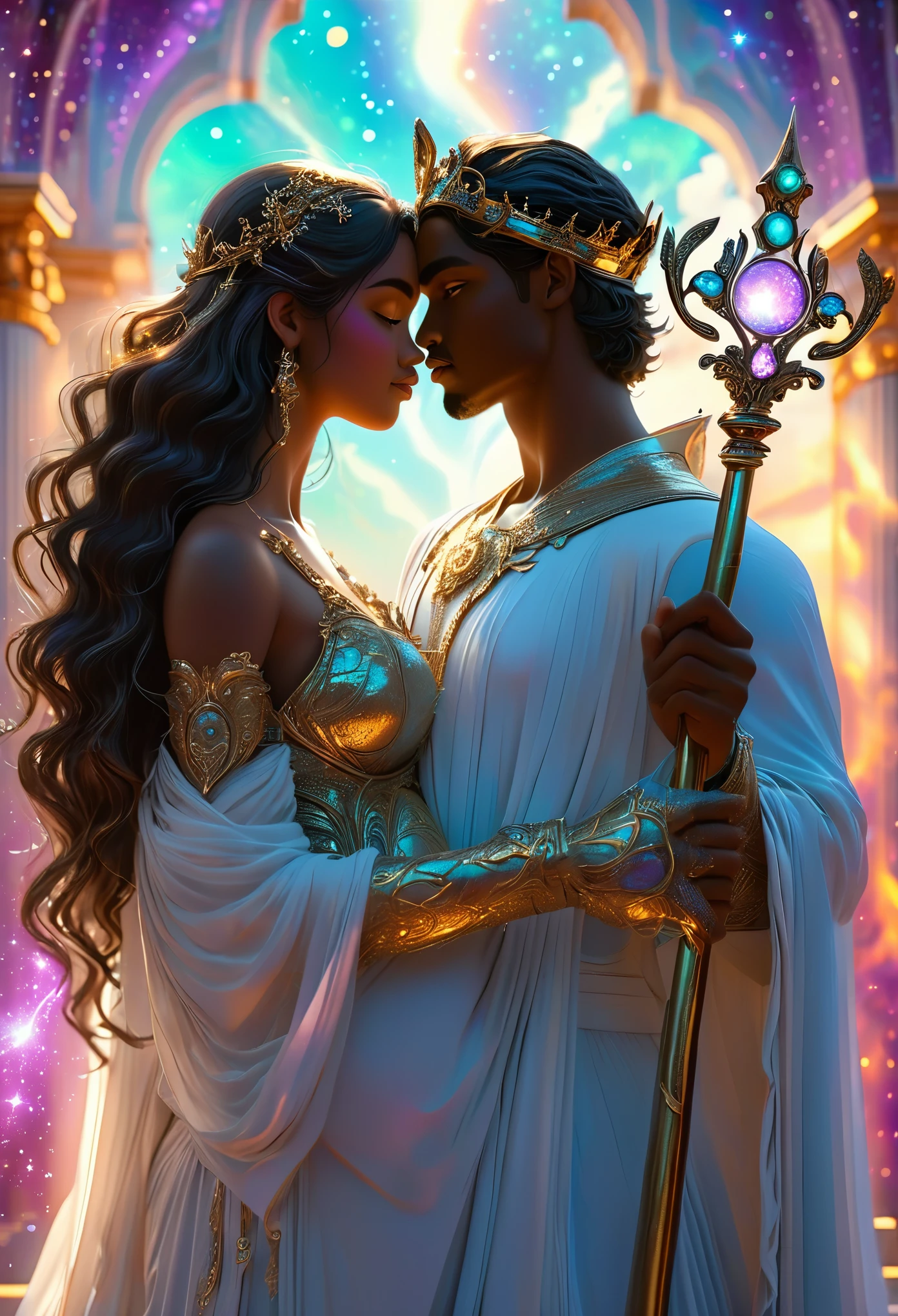 Passionate ((((tan skinned))) couple in a celestial landscape, young dark-skinned couple in their 20s, holding a scepter in a celestial court, a ((((tan skinned))) man and a ((((tan skinned))) woman, he is an imperial judge, dark-haired with violet eyes, she is a pregnant imperial judge, dark-haired with long hair and green eyes, Full body, 8K, extremely detailed, high quality, (photorealistic:1.37), Full body, ideal proportions and defined complexion, meticulously crafted features, unreachable beauty, perfection, breathtaking elegance, g curves, goddess-like figures, divine symmetry, artistic masterpieces, vivid realism, hyper-detailed sculptures, life-like forms, truly awe-inspiring, impeccable craftsmanship, pure radiance, ethereal beauty, delicate contours, striking poses, sublime beauty, subtle nuances, dynamic compositions, vibrant colors, perfect lighting, soulful expressions, celestial aura, majestic presence, dreamlike atmosphere, unmatched gdetailed octane render trending on artstation, 8 k artistic photography, photorealistic concept art, soft natural volumetric cinematic perfect light, chiaroscuro, award - winning photograph, masterpiece, perfect composition, beautiful detailed intricate insanely