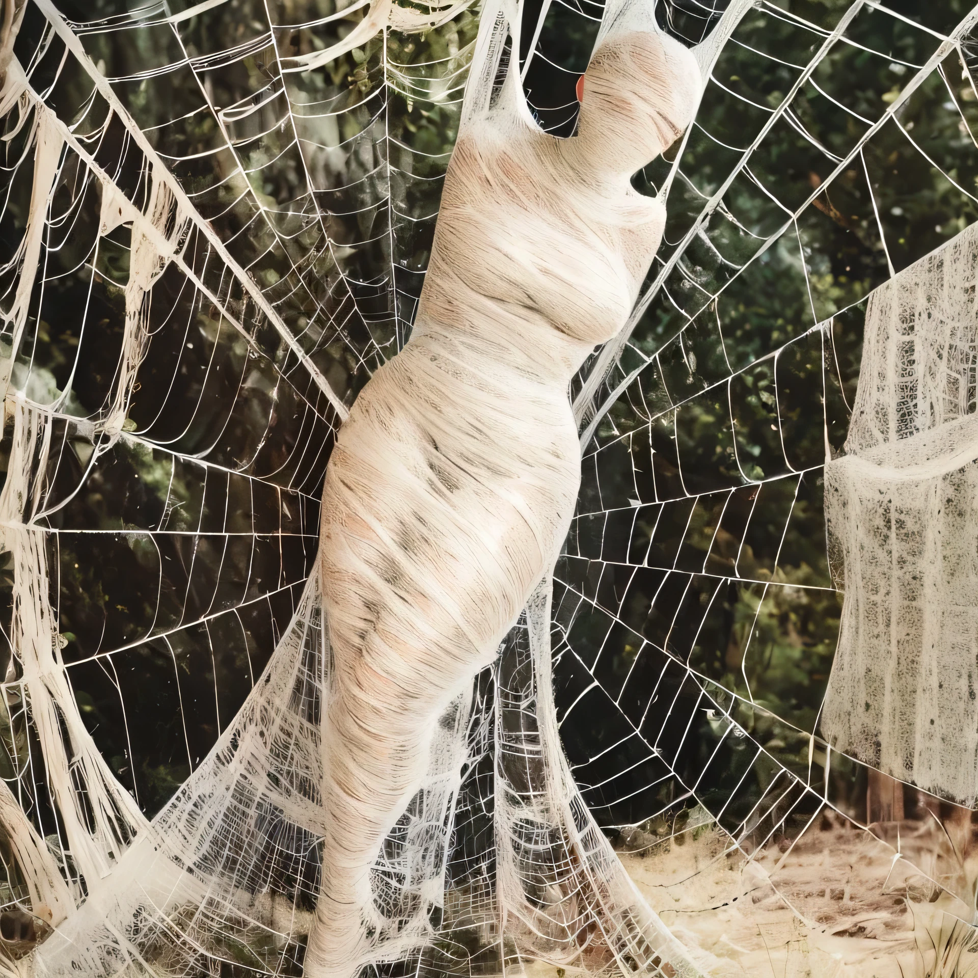 a girl entangled in the spider web, struggle, detailed classroom, (cocoon:1.3), spider web, hanging, spider in the web, spider