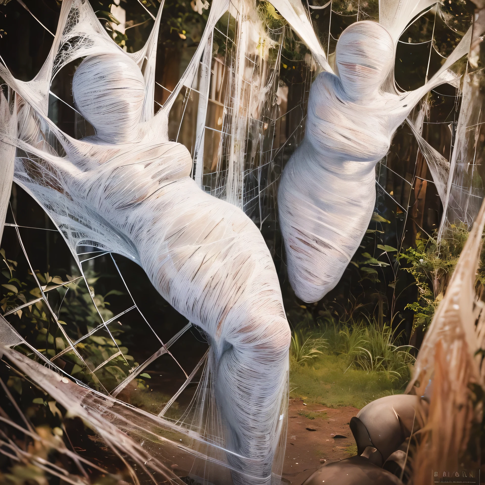 a girl entangled in the spider web, struggle, detailed classroom, (cocoon:1.3), spider web, hanging, spider in the web, spider