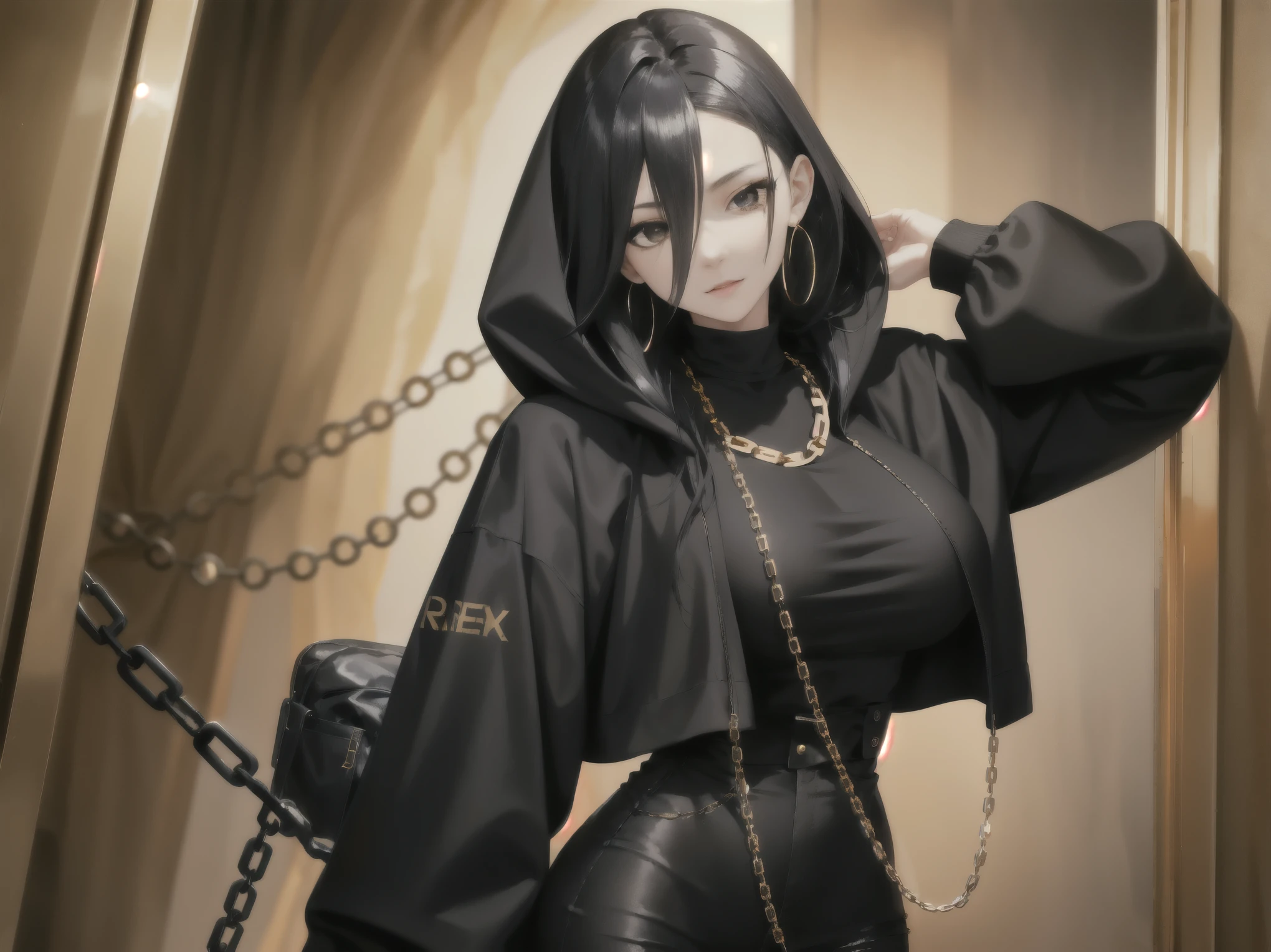 Masterpiece: 1.6, best quality: 1.4, live image: 1.2, intricate details: 1.2, charturnerv2: 1.2,
Appearance: (1girl character) Female: 1.25, thin: 1.3, black eyes, detailed eyes, Large breast, large ass, quality eyes, laughing,
Clothing: black hoodie with rolled up sleeves, black pants, wearing a hood,
Accessories: simple earrings, chains,
Hair: black hair, long hair,
Makeup: natural, shiny skin,
(Golden and black chain background: 1.3) (1girl)