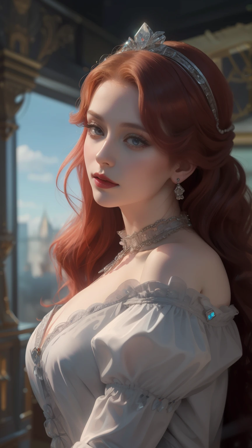 tmasterpiece,Highest image quality,Bust of a beautiful royal maiden,Delicate red hairstyle,The grey eyes are crystal clear,Victorian era style, noble, full of elegance, super detailing。