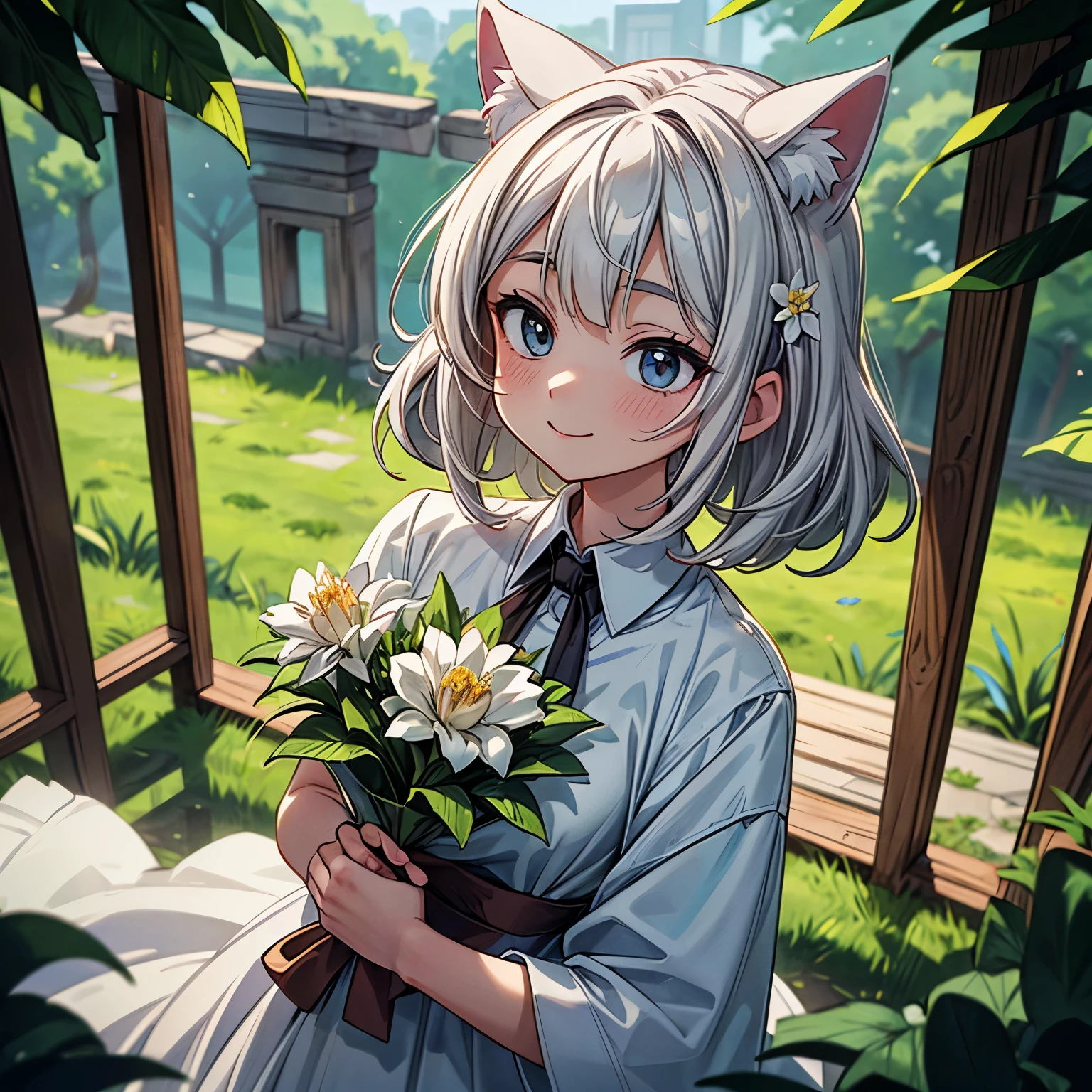 ((Masterpiece)), (Anime:1.3), ((best quality)), (RAW photo: 1.2), (High Definition:1.3), (Professional Photography:1.2), from above, textured skin, cinematic lighting, (Very unruly hair), medium hair, Very happy smile, Slender small breasts, (holding a bouquet of flowers with both hands), Luxury white shirt with beautiful decoration, Cat ears, pale silver hair, Big eyes, Cute Beautiful Girl, BREAK, ((best quality)), Beautiful ruins with lush vegetation and flowers, Sunny day