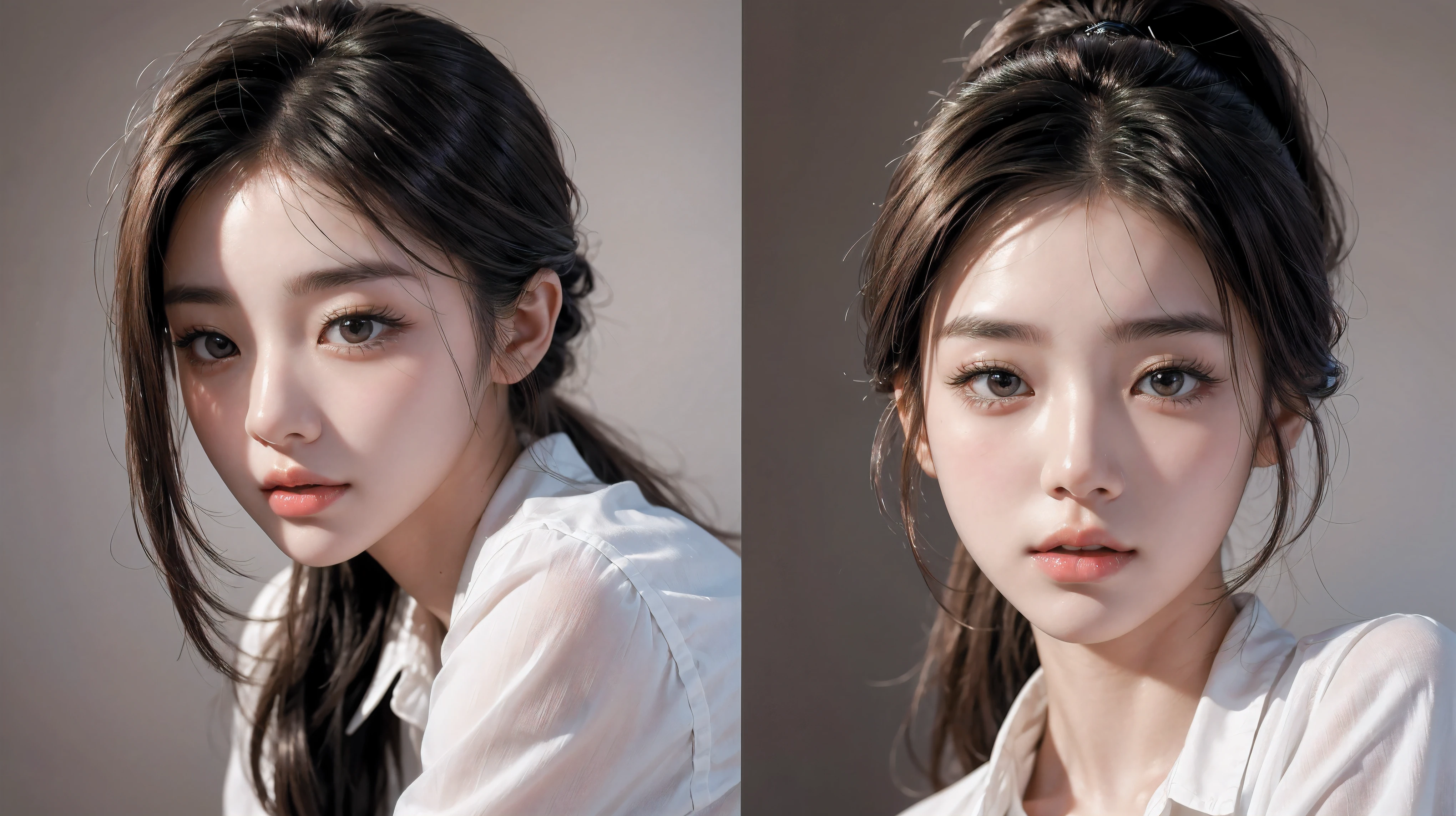 Close-up of a woman in a white shirt and ponytail, Realistic, beautiful Korean women, beautiful portrait image, gorgeous face portrait, high quality portrait, beautiful delicate face, photorealistic beautiful face, Beautiful young Korean woman, Beautiful realistic face