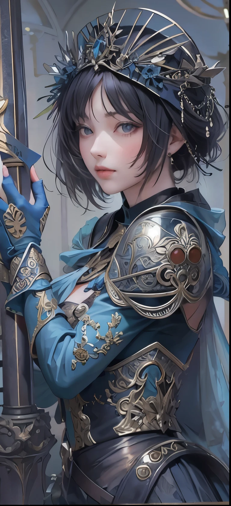 NSFW((masterpiece)), (((Best Quality))), ((Ultra-detailed)), (extremely detailed photo), ((extremely delicate and beautiful)),(Cute delicate face), ((masterpiece)), perfect anatomy, intricate, (highly detailed), masterpiece, photorealistic, (A 20 years old dignified girl),(violet and black armor), (Castle town) ,alone,short hair, looking at viewer, (holding glowing weapon), double eyelid,delicate skin,slender body shape,medium breast,solo.alone,beautiful lip
