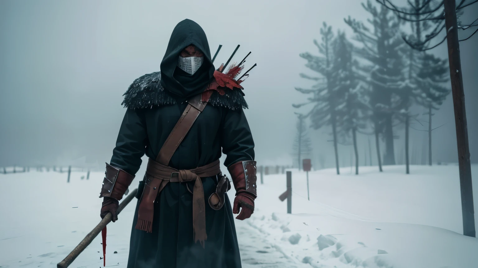 Create a super realistic picture of a scary standing in a snowstorm alone. The shout be wearing a mask with blood on it and spikes. He should be holding a long stick with a sharpened flint rock at the end of it. The should be wearing thick clothes to protect him from the cold. Make the picture unsettling and scary.