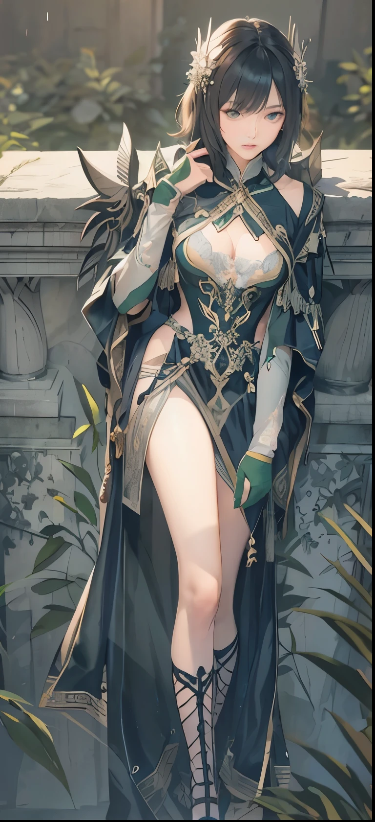 NSFW((masterpiece)), (((Best Quality))), ((Ultra-detailed)), (extremely detailed photo), ((extremely delicate and beautiful)),(Cute delicate face), ((masterpiece)), perfect anatomy, intricate, (highly detailed), masterpiece, photorealistic, (A 20 years old dignified girl),(green and black armor), (Castle town) ,alone,short hair, looking at viewer, (holding glowing weapon), double eyelid,delicate skin,slender body shape,medium breast,solo.alone,beautiful lip