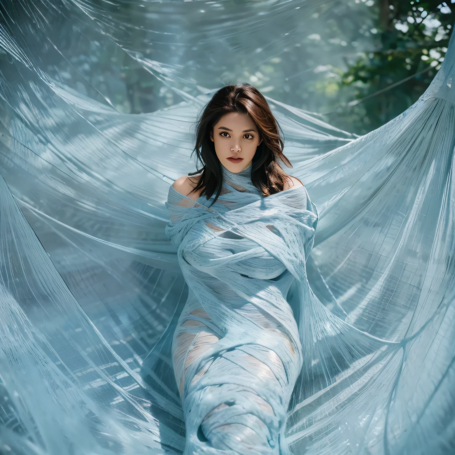 one girl tied up by another one with rope,(bright lighting,romantic setting),dreamy background,bondage,dark hair, mesmerizing gaze, , soft skin, alluring beauty, artistic portrait, high-quality image, vibrant colors, long silk gown, dressing room, (cocoon:1.4)