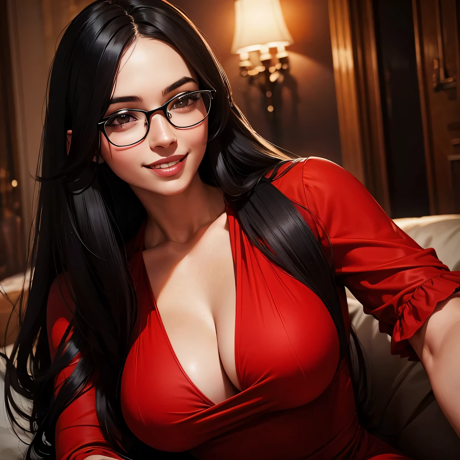 Jeune femme, Espagnol, longs cheveux noirs, visage très réaliste, porter des lunettes. elle sourit. elle porte une belle robe rouge.