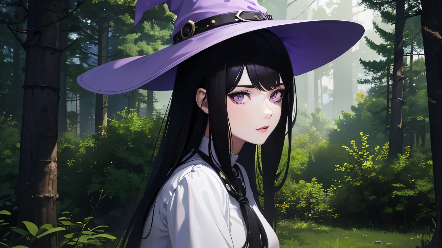 1 girl, 25 year old, black hair, purple eyes, white skin, big , nice body shape, sitting in forest, portrait, witch clothes, black and white clothes color, witch hat, realistic drawing, rendered in unreal engine 5, high quality, background in the forest, night light, night time 