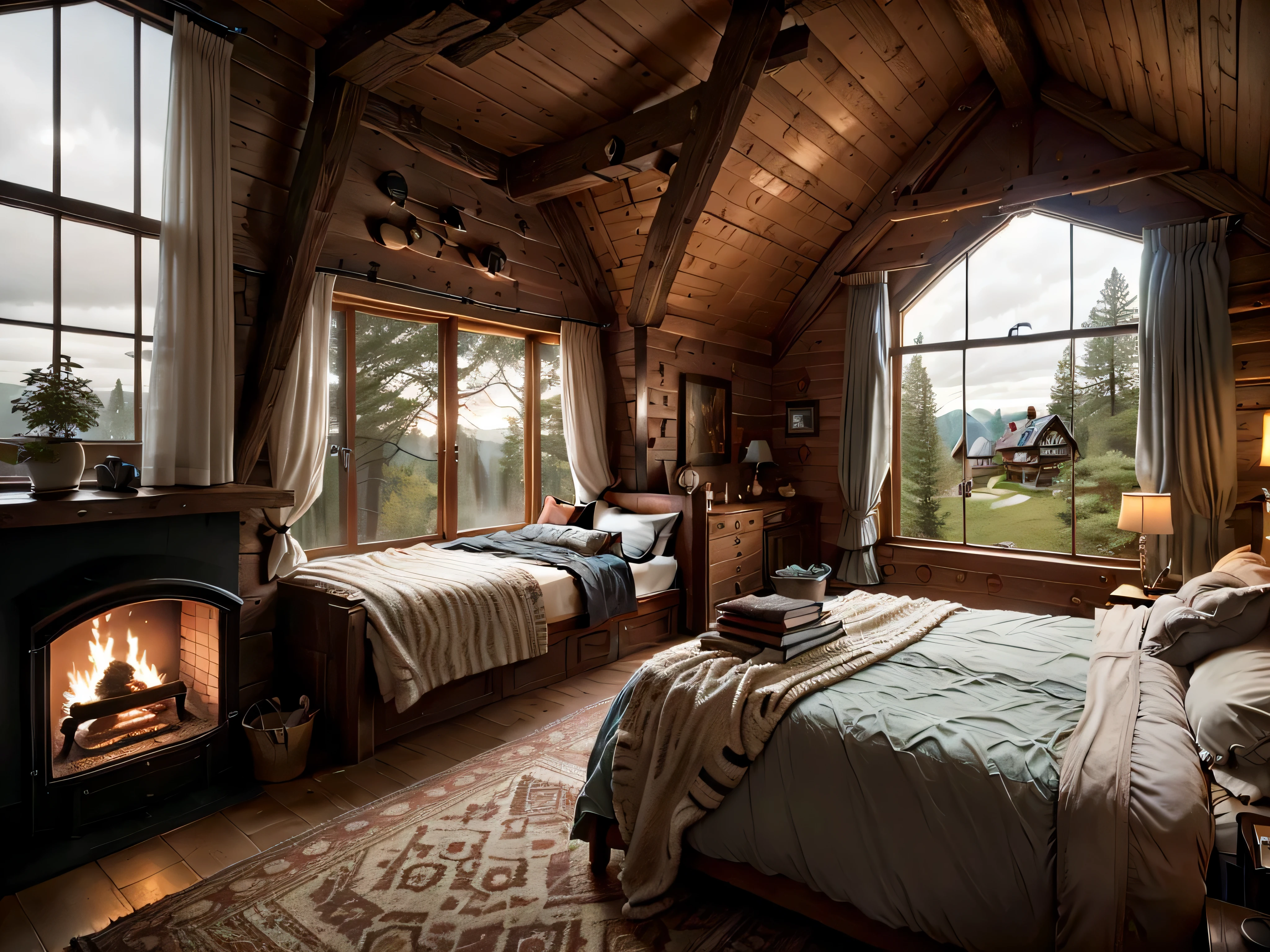 there is a bedroom with a fireplace in the corner of the room, cozy treehouse bedroom, cozy and calm, cozy room, cozy and peaceful atmosphere, in a cabin, luxurious wooden cottage, cozy setting, cozy place, cozy bed, very cozy, cozy environment, cozy atmospheric, warm interior, inside of a cabin, wide shot of a cabin interior, peaceful wooden mansion