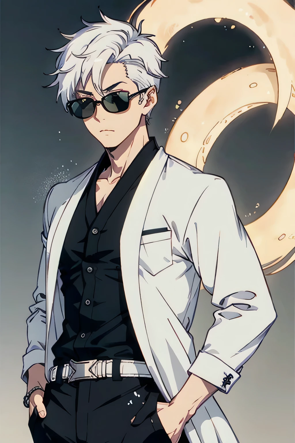 jujutsu, gojo, boy with stylish white hair, round peach black sunglass, good body, hands on the pocket, jujutsu school black outfit, coat and pant, satding in style