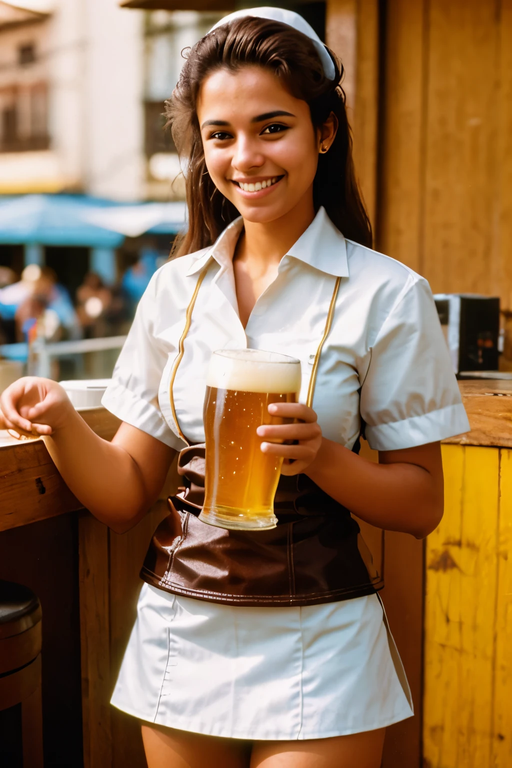 create 25 year old Brazilian, realistic, wearing a waitress outfit,, sharp focus, natural lighting, drinking beer and smiling, Subsurface Dispersion, f2, 35mm, Film grain