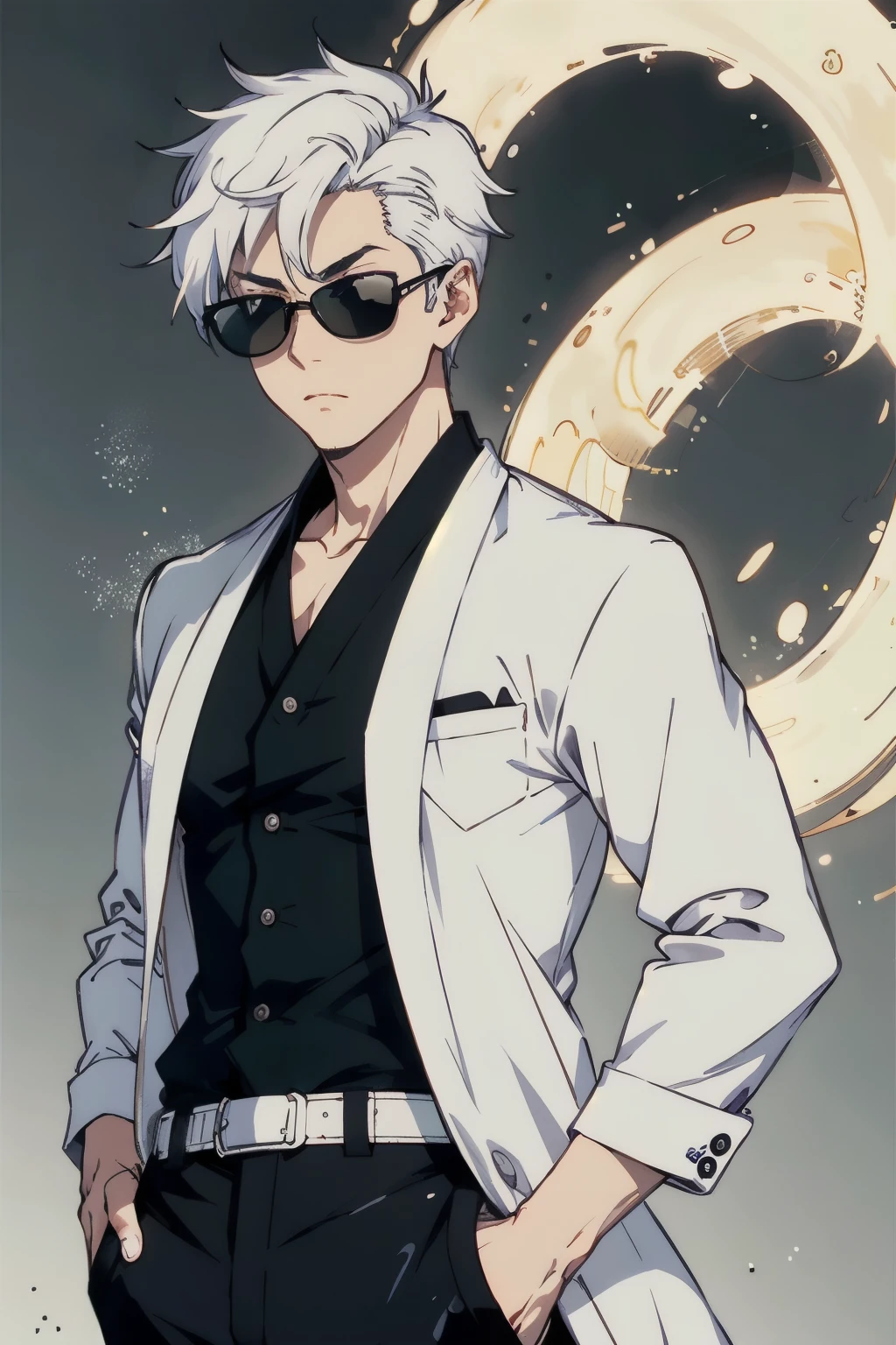 jujutsu, gojo, boy with stylish white hair, round peach black sunglass, good body, hands on the pocket, jujutsu school black outfit, coat and pant, satding in style