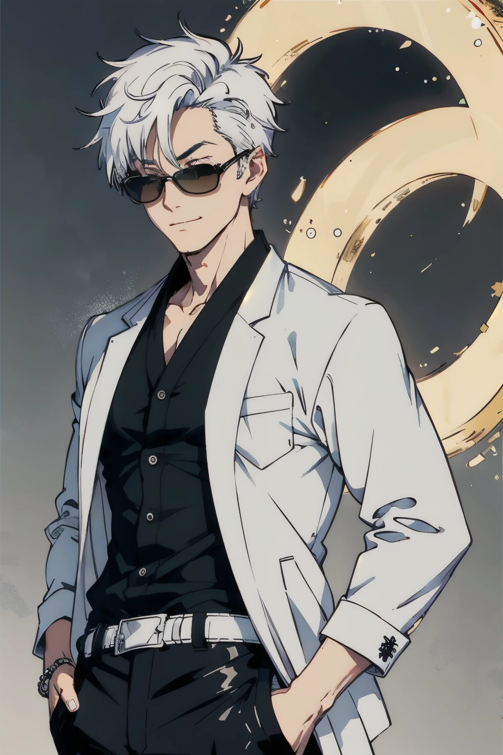 jujutsu, gojo, boy with stylish white hair, smiling in style, looking over the sunglasses, round circle black sunglass, good body, hands on the pocket, jujutsu school black outfit, coat and pant, satding in style