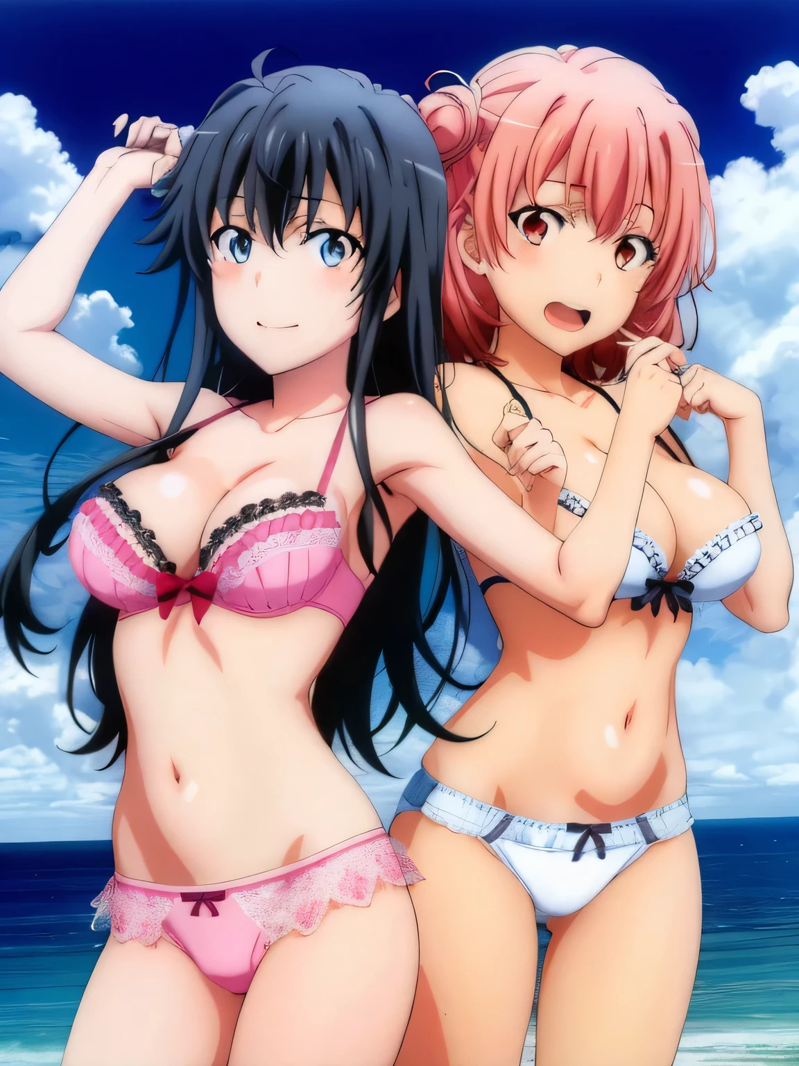 2 girls , Ocean,Yukinoshita Yukino , Yuigahama Yui , Yuigahama Yui has big breasts,jump , In underwear,white panties,pink panties,