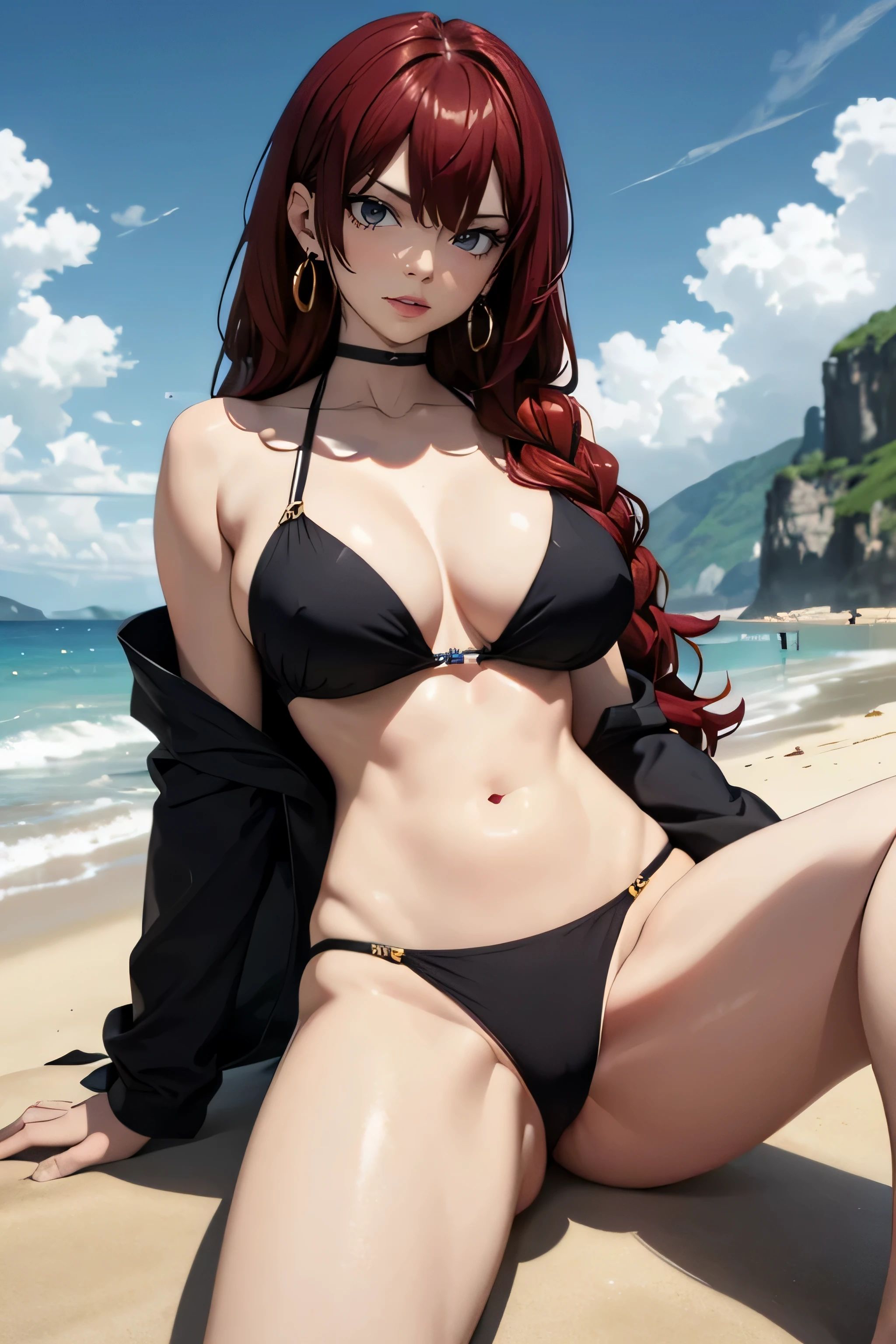 absurdres, high res, ultrasharp, 8K, {masterpiece}, expressive eyes, extremely detailed, best quality, perfect face, perfect eyes, irenedef, irenernd, red hair, brown eyes, large breasts, earrings, beach, bikini, spread legs,