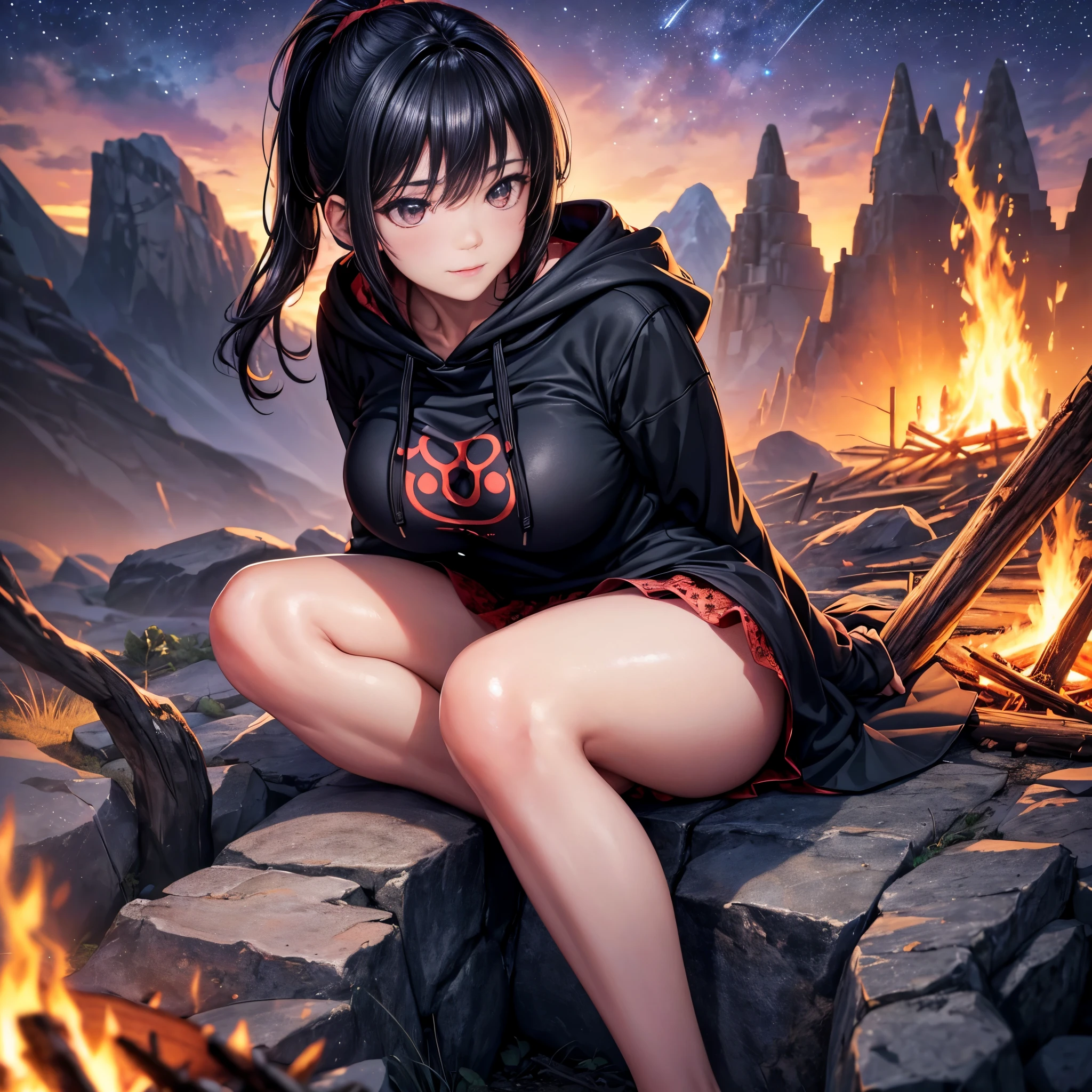 (highest quality,8k,masterpiece:1.3,),(超A high resolution,Photoreal:1.4,Raw photo),(super detailed,shiny skin,delicate skin),(detailed face,perfect anatomy,caustics),( sitting next to a mountain bonfire),cute,18-year-old,Japanese,japanese id,smile,looking down at the camera,black haired,short ponytail,big breasts,(hooded hoodie),(She is showing off her strawberry patterned pantieini skirt,deep at night,(night sky full of stars),(Close-up of a bonfire:1.1),bonfire focus,low position,Low - Angle,