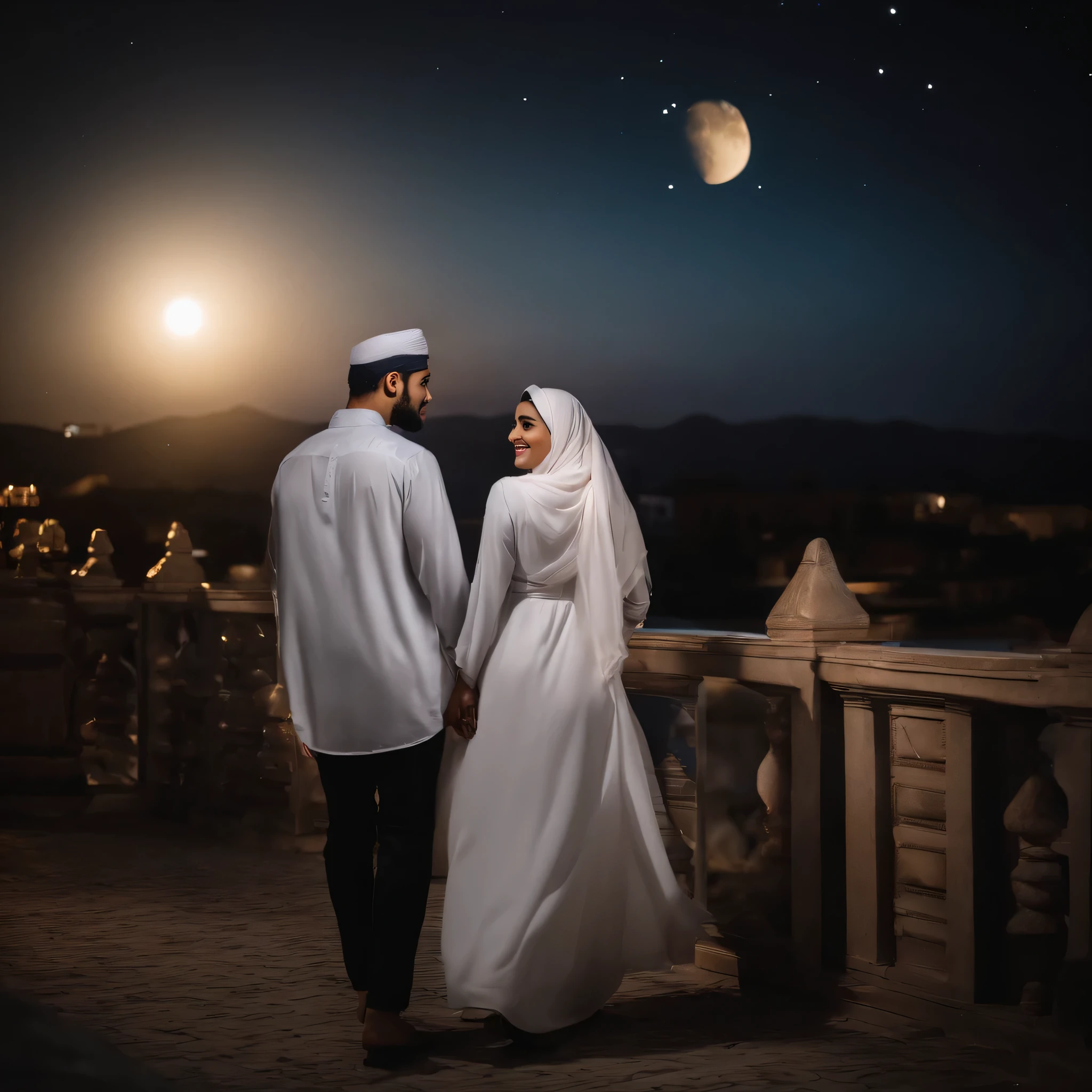 Islamia style for very beautiful lady wearing islamic uniform with hijab with handsome man together in the beautiful moon night, they looking happy and blessed