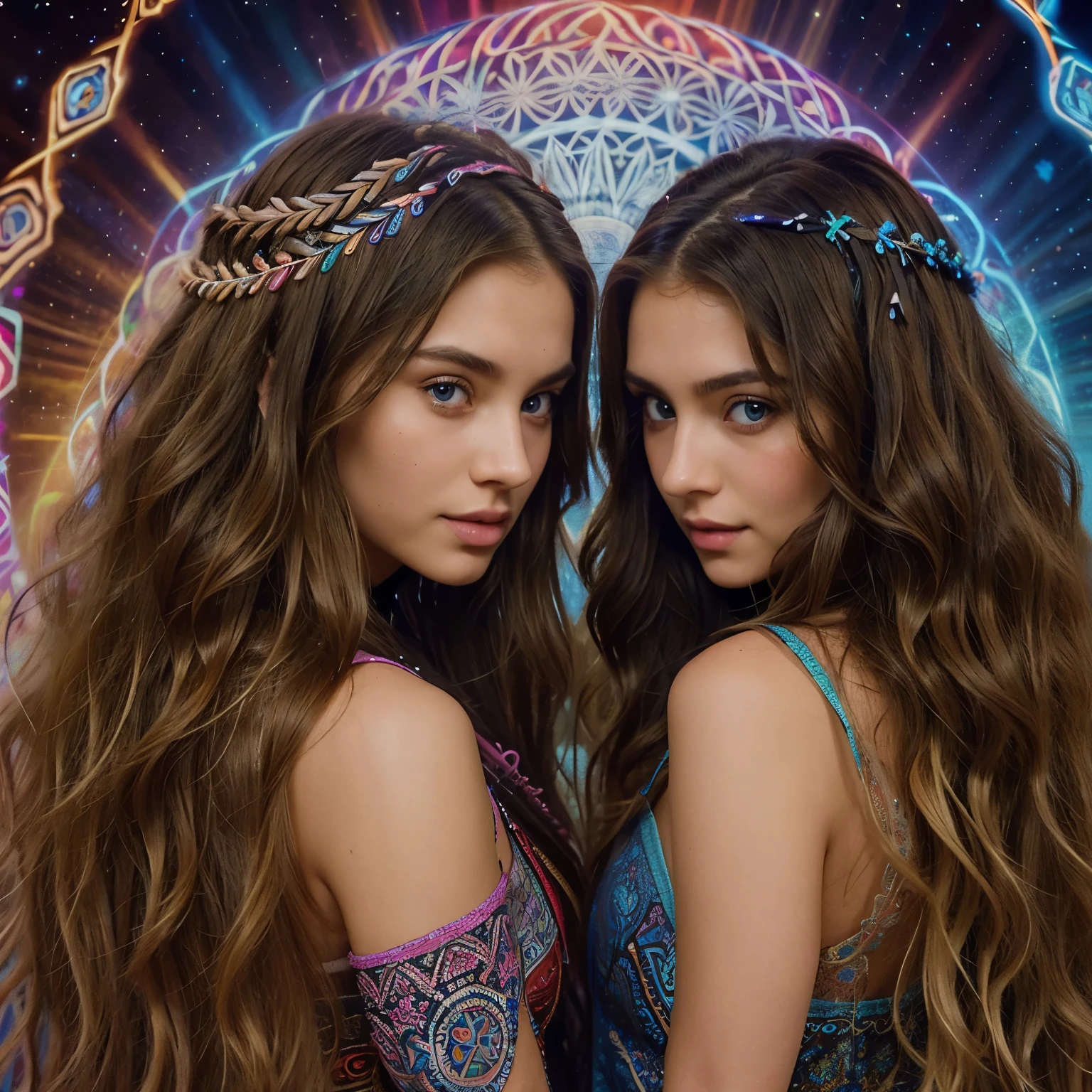 Albanian, girl, long brown hair, blue eyes, Beautiful girls, Hallucinogenic trip, Blonde with wavy hair, Brunette with long hair, Intense psychedelic experience, Sacred geometry patterns, Tripping together, with blonde bestie, psychedelic experience, cuddling each other, twerking with bestie 