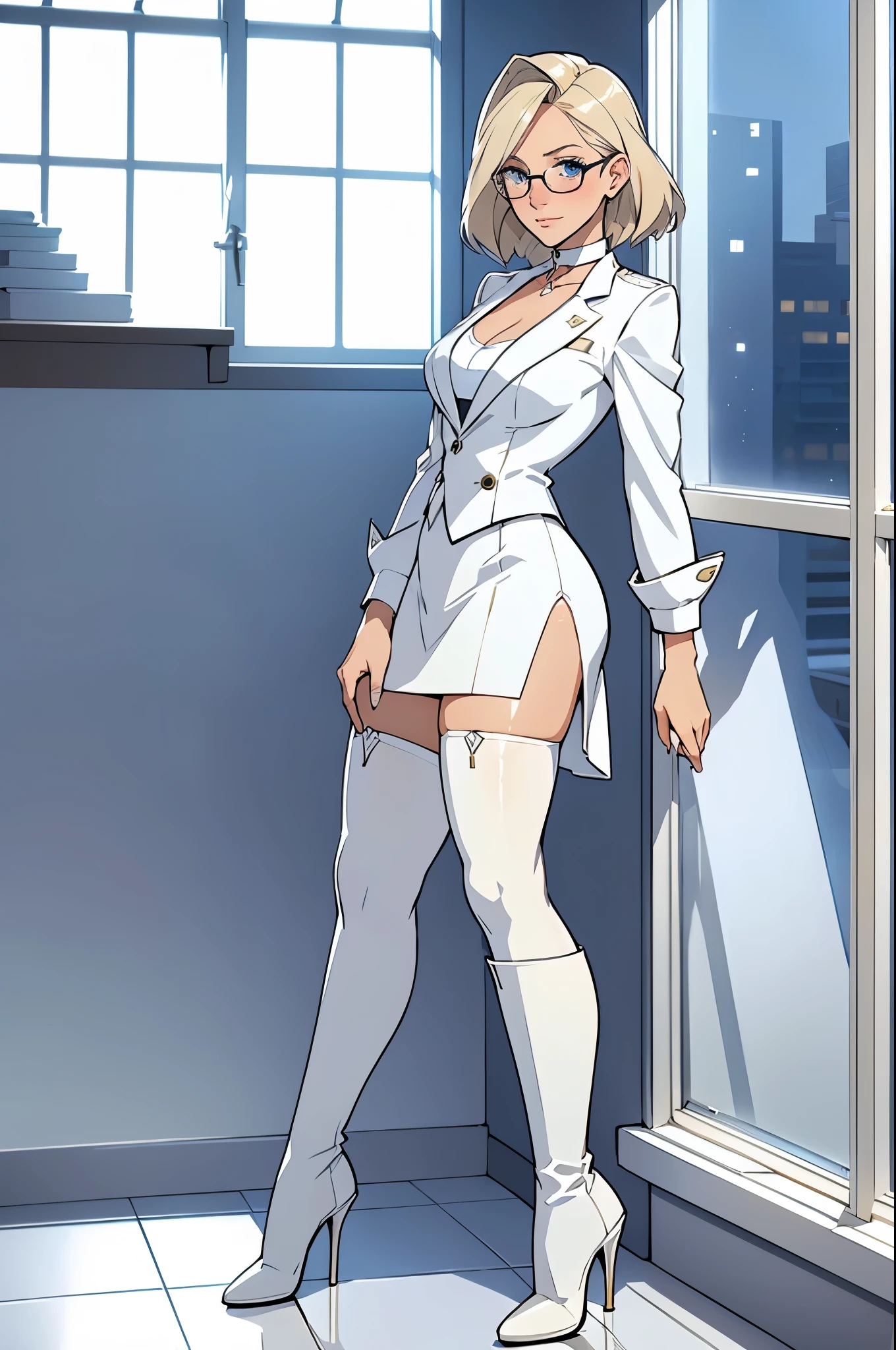 female, short wavyh blonde hair, blue eyes, white suit jacket, white skirt, long white high heel boots, silver choker, no t shirt, medium , glasses, perfect face, blushing, in front of a window, stockings, garter, window dressing