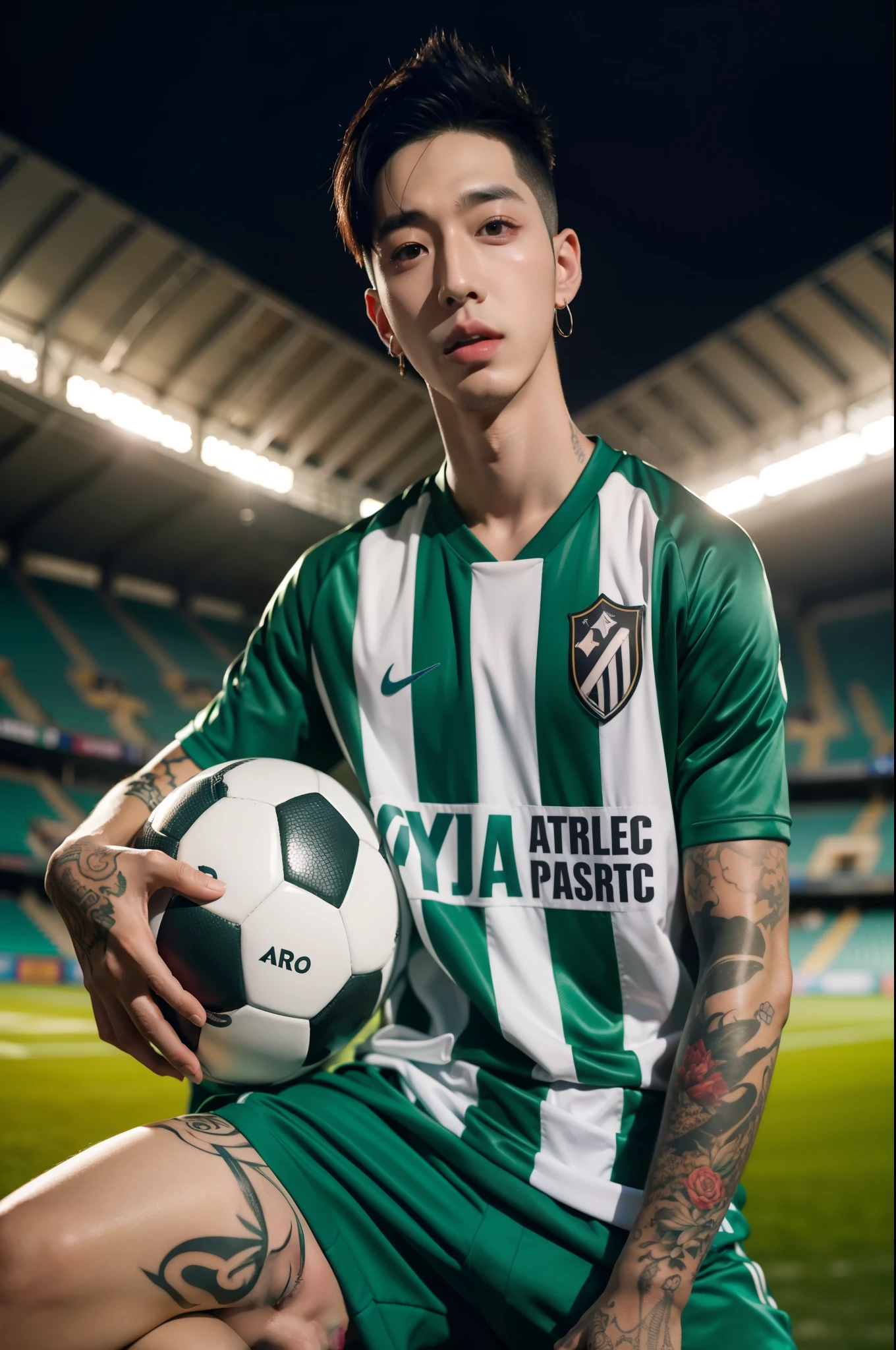Arafed man with tattoos holding a soccer ball in a stadium., inspirado en Gang Se-hwang, kim taejin, shin jeongho, cai xukun, arte de fan, jinyoung shin, Tite Kubo, hong junio hyung, naver fanpop, renderizado de fotos, foto de perfil, fondo limpio, retrato, inspirado en Kim Myeong-guk, fondo transparente, Jay park solista Idol del kpop, jay park