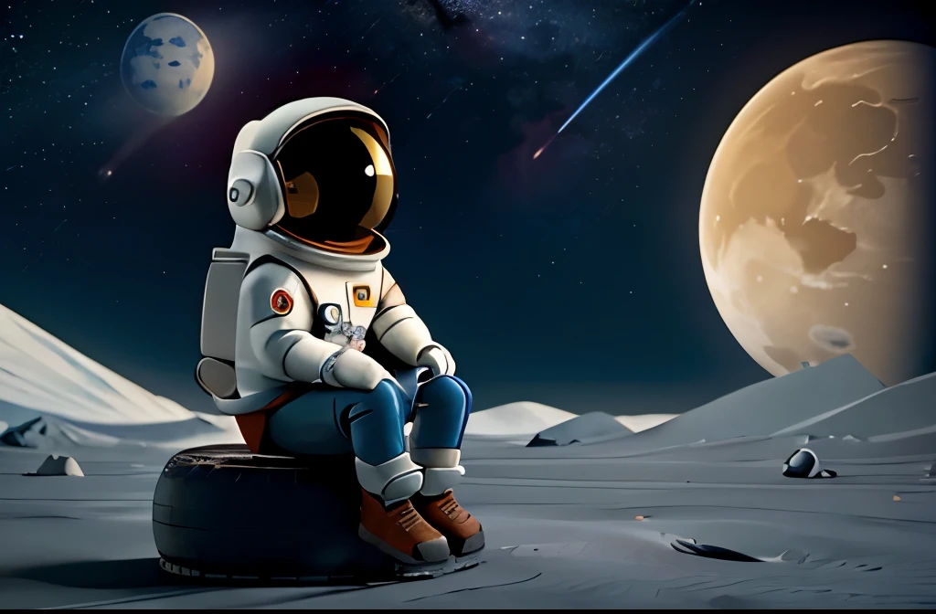 An astronaut sitting on a tire, on the moon, looking at a planet. It appears captured through a lens that gives the sensation of distance from the astronaut to the camera. Behind him, there are some rovers and rockets