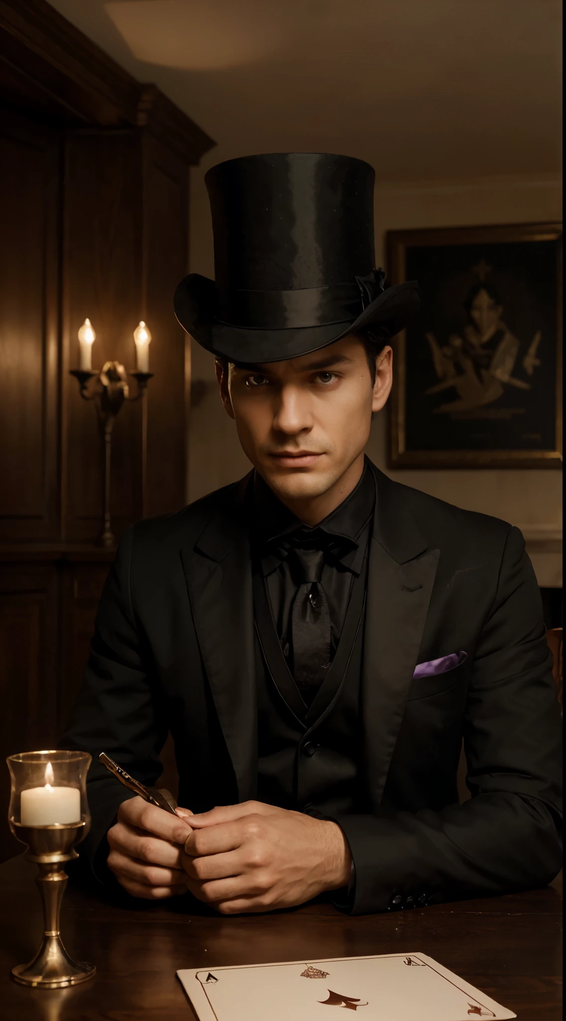 (highres,realistic) A man sitting near a table in a black suit with a black top hat. He has a mysterious air, resembling a riddler. His eyes are sharp, with a sense of cunning and intelligence. His lips are thin, as if hiding secrets. His face is neatly structured, giving him an intriguing appearance. The black suit he wears fits him perfectly, exuding elegance and sophistication. The suit is made of high-quality fabric, with a smooth texture and fine details. The top hat is also black, adding an extra touch of mystery to his overall look. The front view of the scene allows us to capture every detail of his outfit and facial expression.

The table in front of him is made of dark wood, polished to a shine. It has intricate carvings and decorative elements, showcasing exquisite craftsmanship. On the table, there are various objects that hint at his riddles and puzzles. A deck of cards is scattered across the table, representing his love for mind games. An old, worn-out notebook lies open, revealing cryptic writings and intricate diagrams. The flickering candlelight illuminates the scene, casting intriguing shadows and creating an atmosphere of suspense. The room is dimly lit, with a mysterious aura enveloping the space. The colors in the scene are predominantly dark, with shades of black, deep purples, and hints of gold, adding to the enigmatic atmosphere.

The overall image is of utmost quality, with fine details and textures visible even in close-up views. The lighting creates depth and enhances the realism of the scene. The artwork aims to capture the essence of the riddler persona, showcasing the man's enigmatic nature and intellectual prowess.