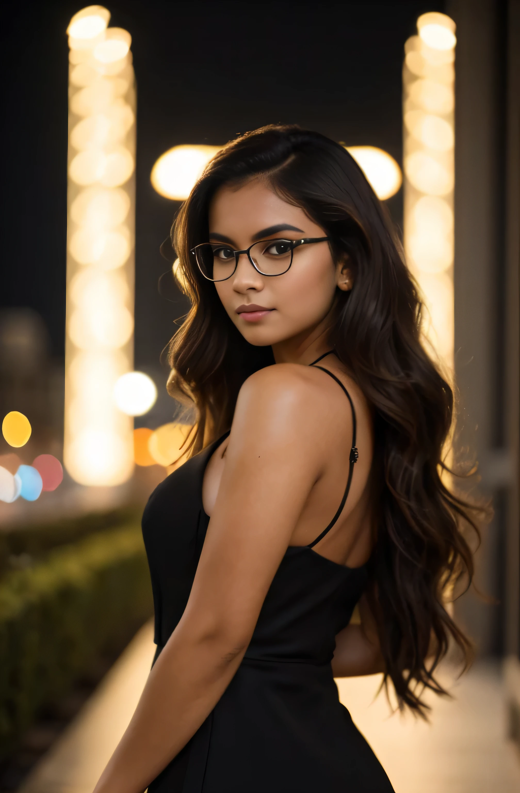 (Masterpiece), (extremely intricate:1.3),, (Realstic), Portrait of a 25-year-old girl, brunette wavy hair, Outdoor night light, professional photograph of a stunning woman detailed, award winning, lighting cinematic, volumetrics dtx, (grain du film, Bokeh, premier plan flou, blured background), black dress, flirts with the camera, (((tanned skin))), extremely detailed skin, wearing elegant symmetrical eyeglasses that suit her perfectly