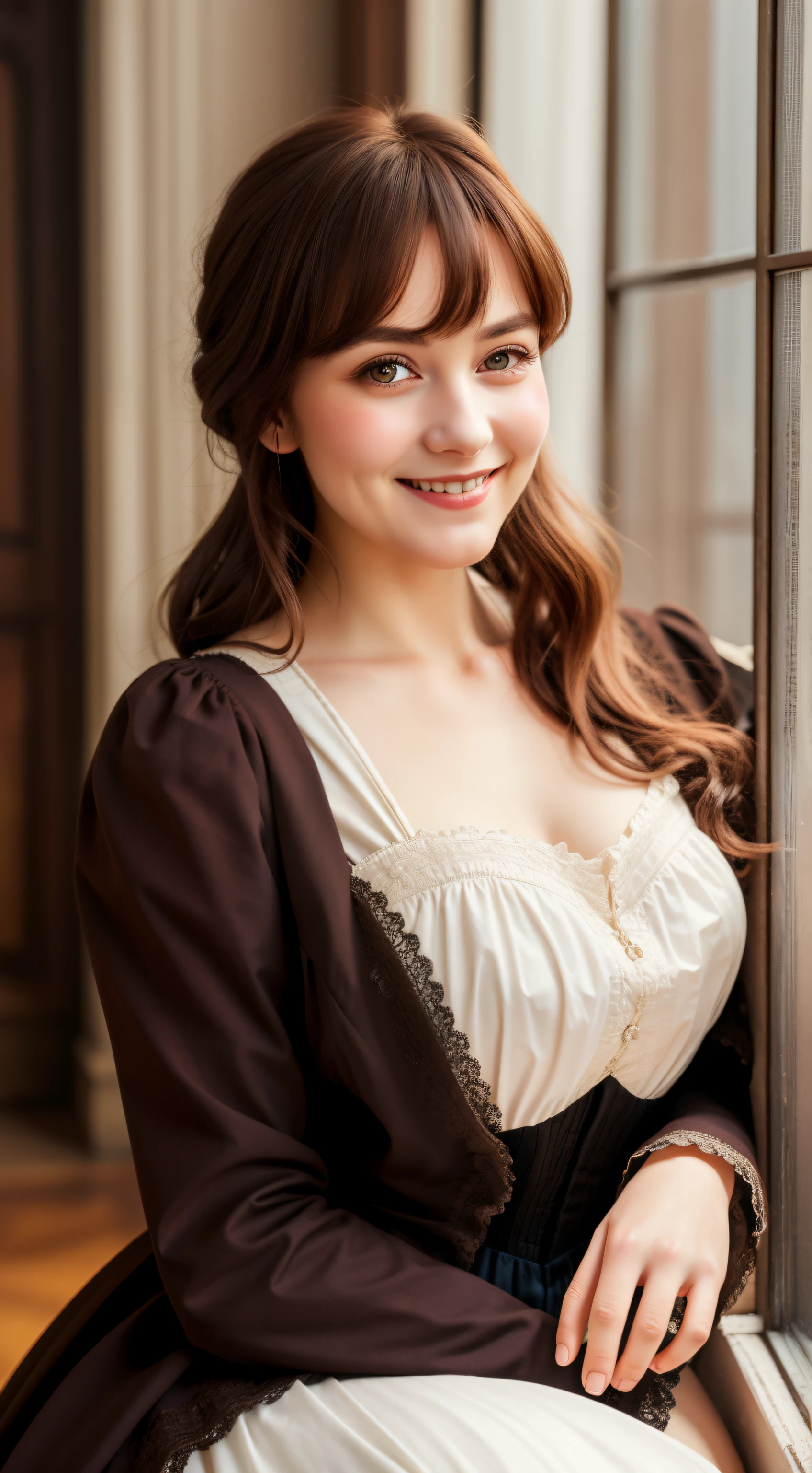 1lady solo, (Victorian female clothe), (dark brown hair) bangs, blush light smile, (masterpiece best quality:1.2) delicate illustration ultra-detailed, dramatic lighting