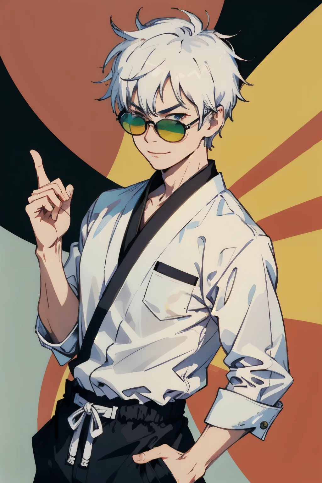 jujutsu, gojo, boy with stylish white hair, smiling in style, looking over the sunglasses, round circle black sunglass, good body, hands on the pocket, jujutsu school black outfit, coat and pant, satding in style
