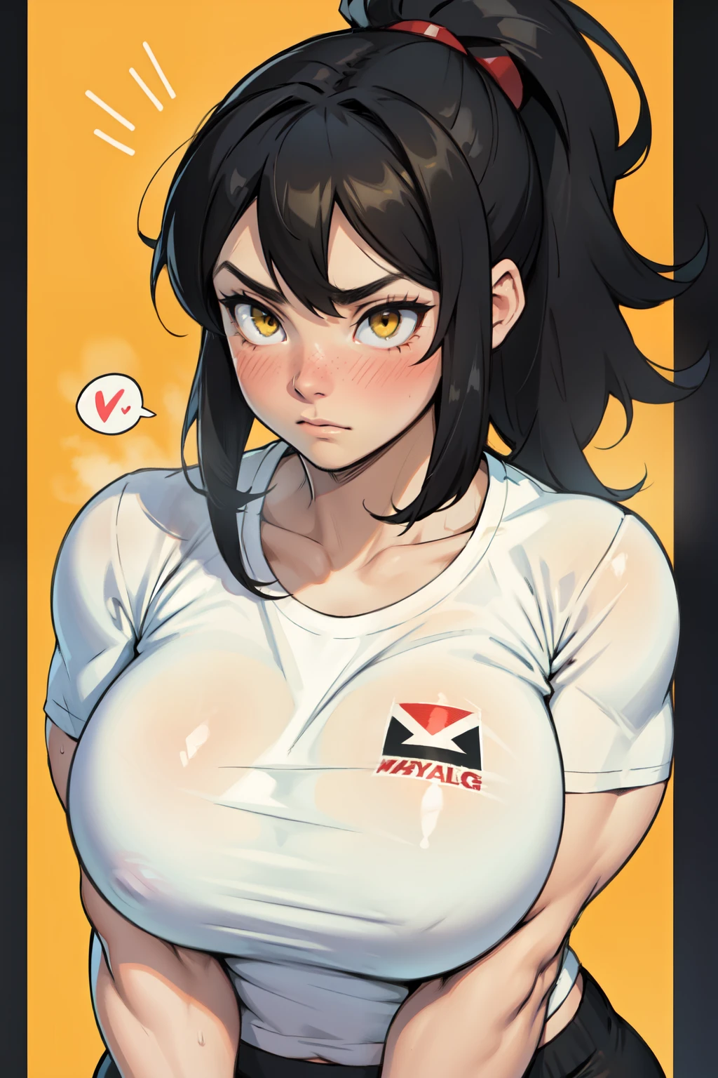 ((muscular)) girl huge breasts black hair yellow eyes pale girl tight tshirt embarrassed blush