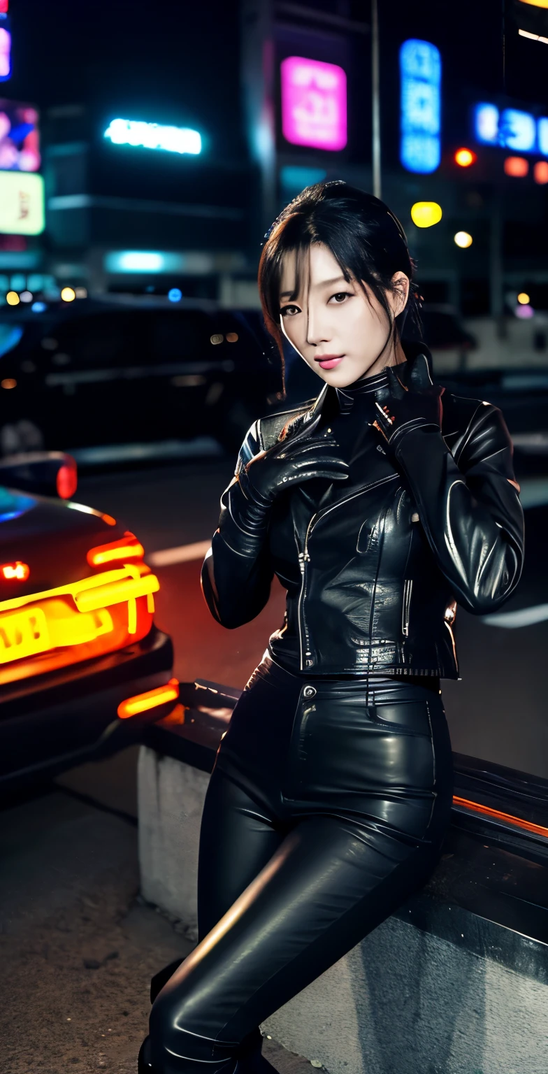 black leather rider jacket, office in the dark, Fingertips of black leather gloves on both hands,wearing black leather gloves,sitting in a black leather chair、 Japanese female new employee (black leather gloves cover both hands) (The angle is horizontal)、black leather leather pants,black leather black leather pants,black leather skinny pants、Long black leather boots on both feet、black hair ponytail ((He wears black leather gloves on his hands))Full body photo,full body shot full body full body leather suit,☺If you turn in this direction。wearing black leather gloves,wearing black leather gloves,wearing black leather gloves,wearing black leather gloves,wearing black leather gloves,wearing black leather gloves,黒のレザーパンツが美しい😍黒のレザーパンツが美しい😍黒のレザーパンツが美しい,😍I&#39;m smiling while looking at you,city lights、((neon cyberpunk city street:1.3))、(neon light)、detailed lighting、

best image quality、ultra high resolution、(realism:1.4)、korean beauty star、The most beautiful KPOP stars、face、horny korean makeup、A body that makes you want to touch it、realistic leather texture、Costume made of smooth leather fabric、The drape of the curved parts of the leather fabric、The costume has a strong shine、costume quality、8K photo quality、
