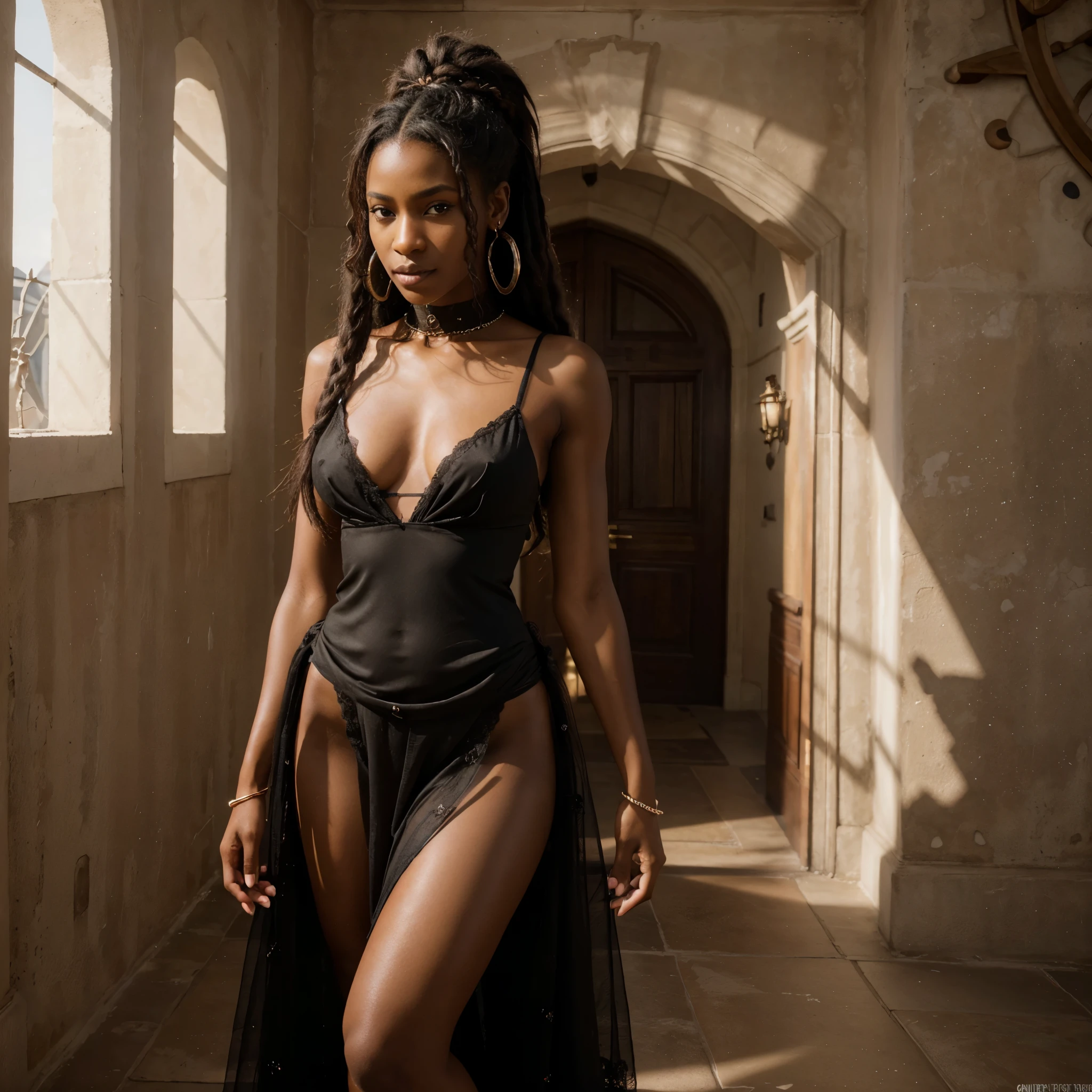 8k, RAW photo, best quality, ultra high resolution, photorealistic, realistic photo of skinny ebony girl princesost beautiful ebony girl in the world, skinny ebony girl, dark skin, black hair, dread locks hair), in the castle, (full body portrait), wearing princess dress, princess dress, wearing earrings, earrings, (wearing hair band), amber hair band, sexy pose, looking at viewer, smirking, (extremely detailed CG unity 8k wallpaper), Sharp focus, (bright light)