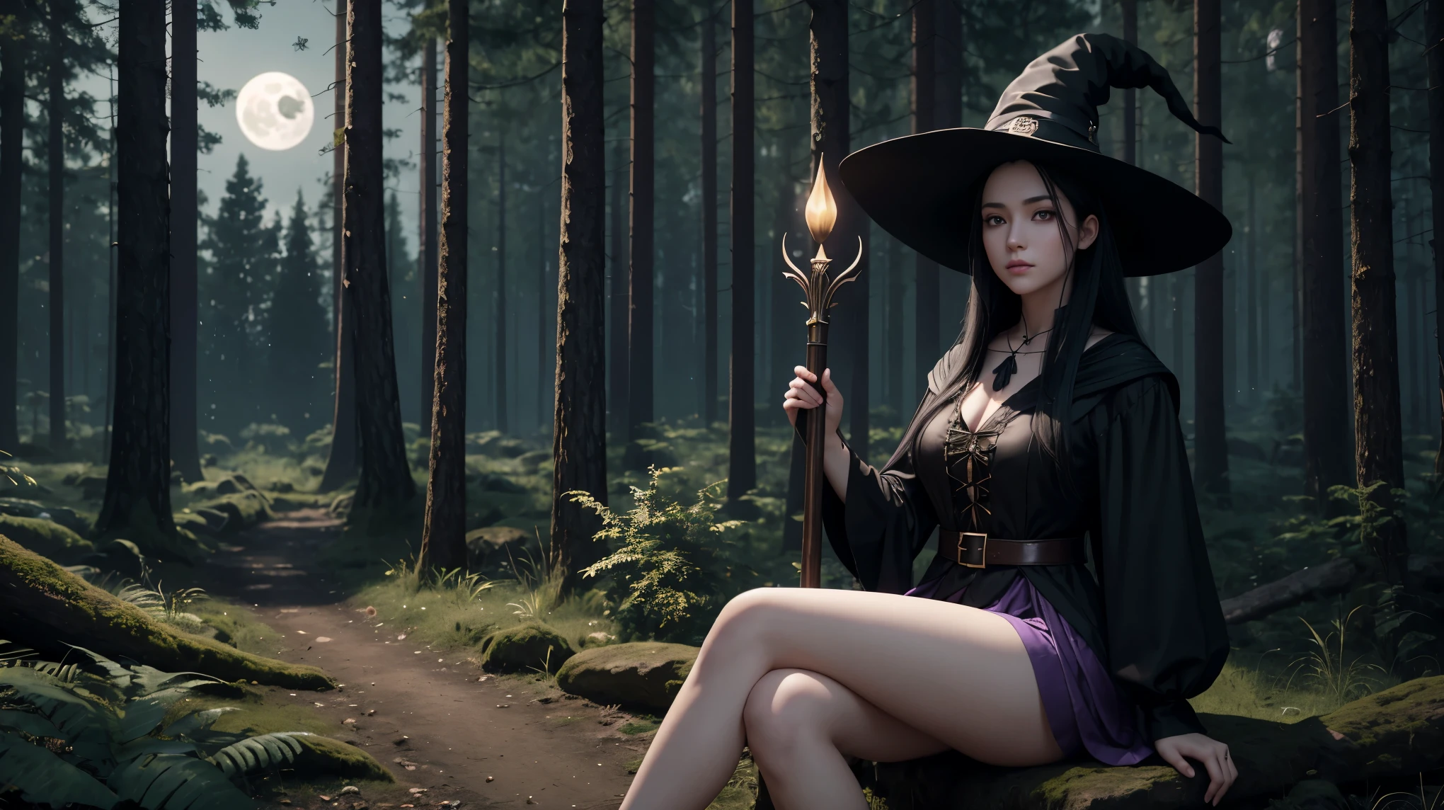 1 girl, 25 year old, black hair, purple eyes, white skin, big , nice body shape, sitting in forest, holding a mace, witch clothes, black clothes color, witch hat, realistic drawing, rendered in unreal engine 5, high quality, background in the forest, night light, night time , moon,