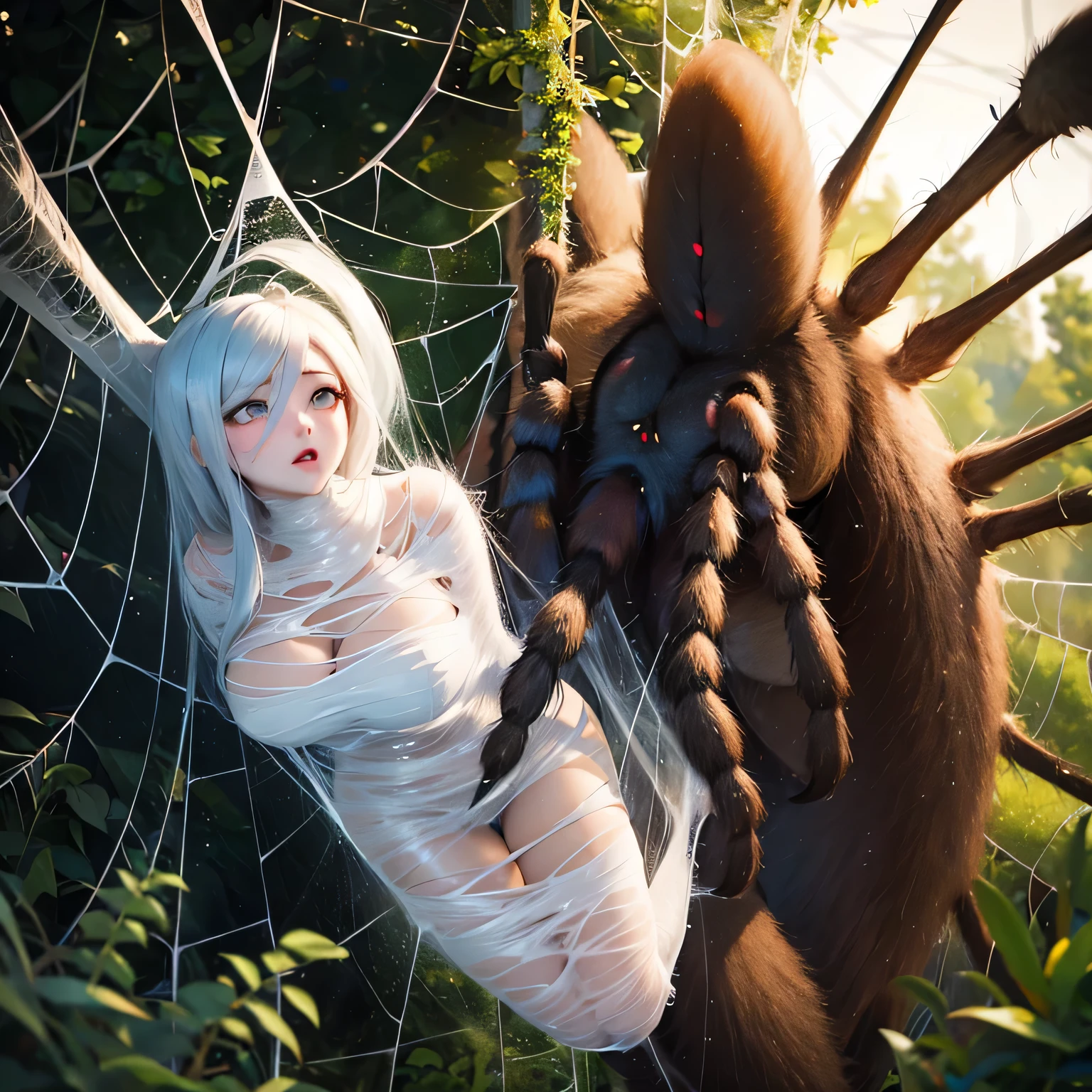 best quality,ultra-detailed,classroom,photorealistic,hanging,spiders in the web,long spider legs,beautiful girl,desperate struggle,entangled,despair,cocoon