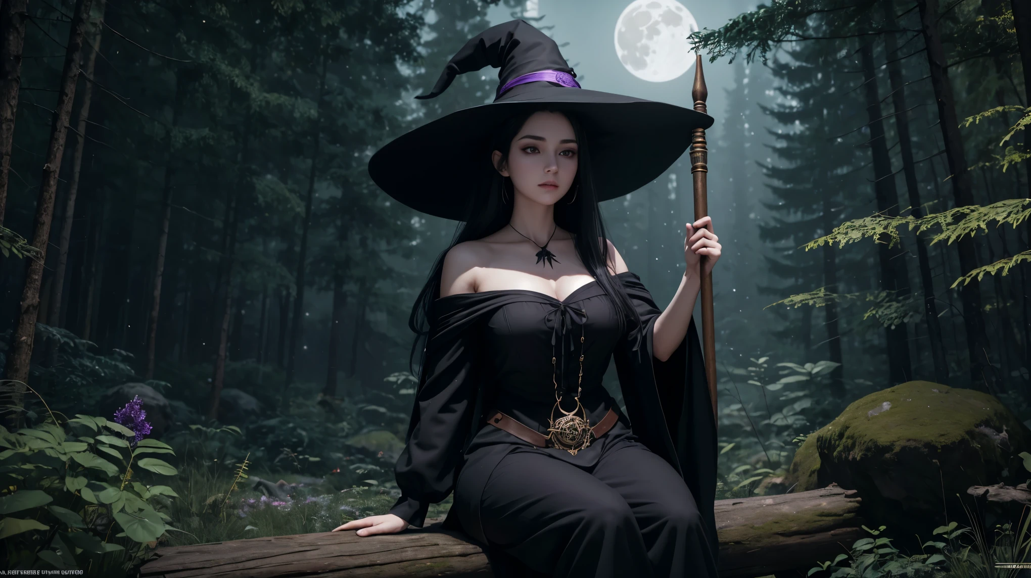 A very pretty long legged naked witch with a perfect face and big boobs is sitting on her broom and flying in the air with her hair blowing in the wind, she is wearing a witches hat, she is carrying a bag filled with potions, sunny day, perfect eyes, perfect face, no wrinkles, highly detailed, masterpiece, cinematic lighting 