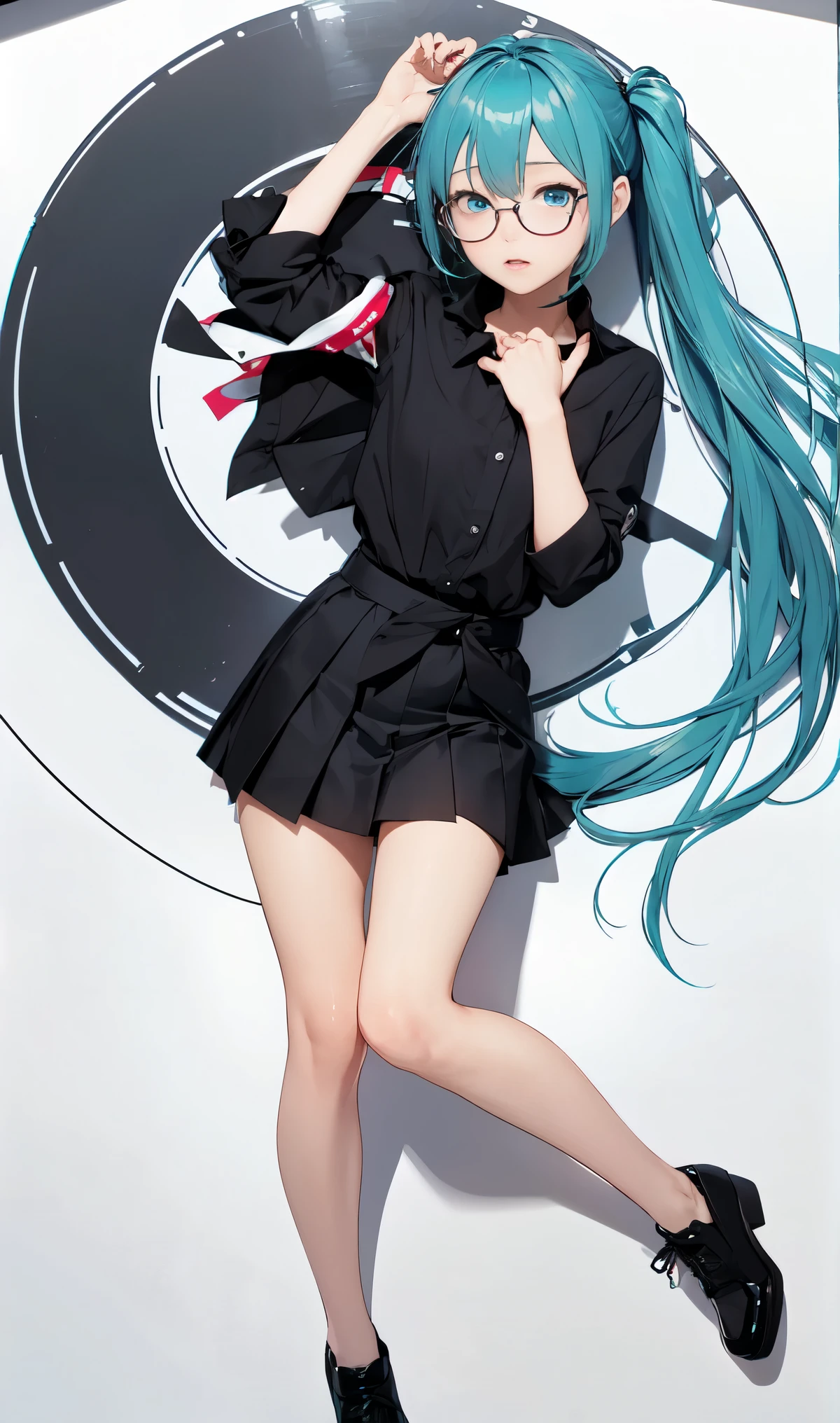 three view drawing, front and back and side、messy hair、black shirt、blunt bang cut、pleated skirt、one piece、messy hair、Sloppy、cross-eyed、drunk、turned around、( stupid / sexual ecstasy)、turned around、glasses、highest quality, realistic, Super delicate illustration, beautiful and charming anime girl, miku hatsune, slender body, tied hair, one girl, girl pictures, full body shot, beautiful blue eyes, turned around,