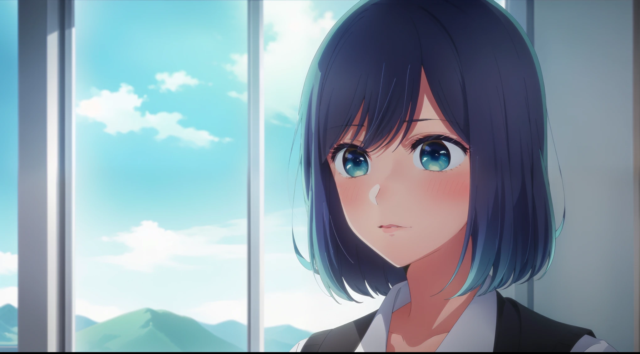 master piece, best quality, 8k, ultra high resolution, highest quality, anime style, best writing, beautiful face,beautiful lighting, 1 girl, alone, Akane, green eyes, blue eyes, multi-colored hair, black knit, make, (pink lipstick:1.1), classroom, morning, cute girl anime visual, Smooth anime CG art, Close up of young anime girl, cute realistic portrait, anime style. 8k, Realistic anime 3d style, Anime visual of a young woman, teal hair anime girl, hanayamata, stylized anime, anime best girls