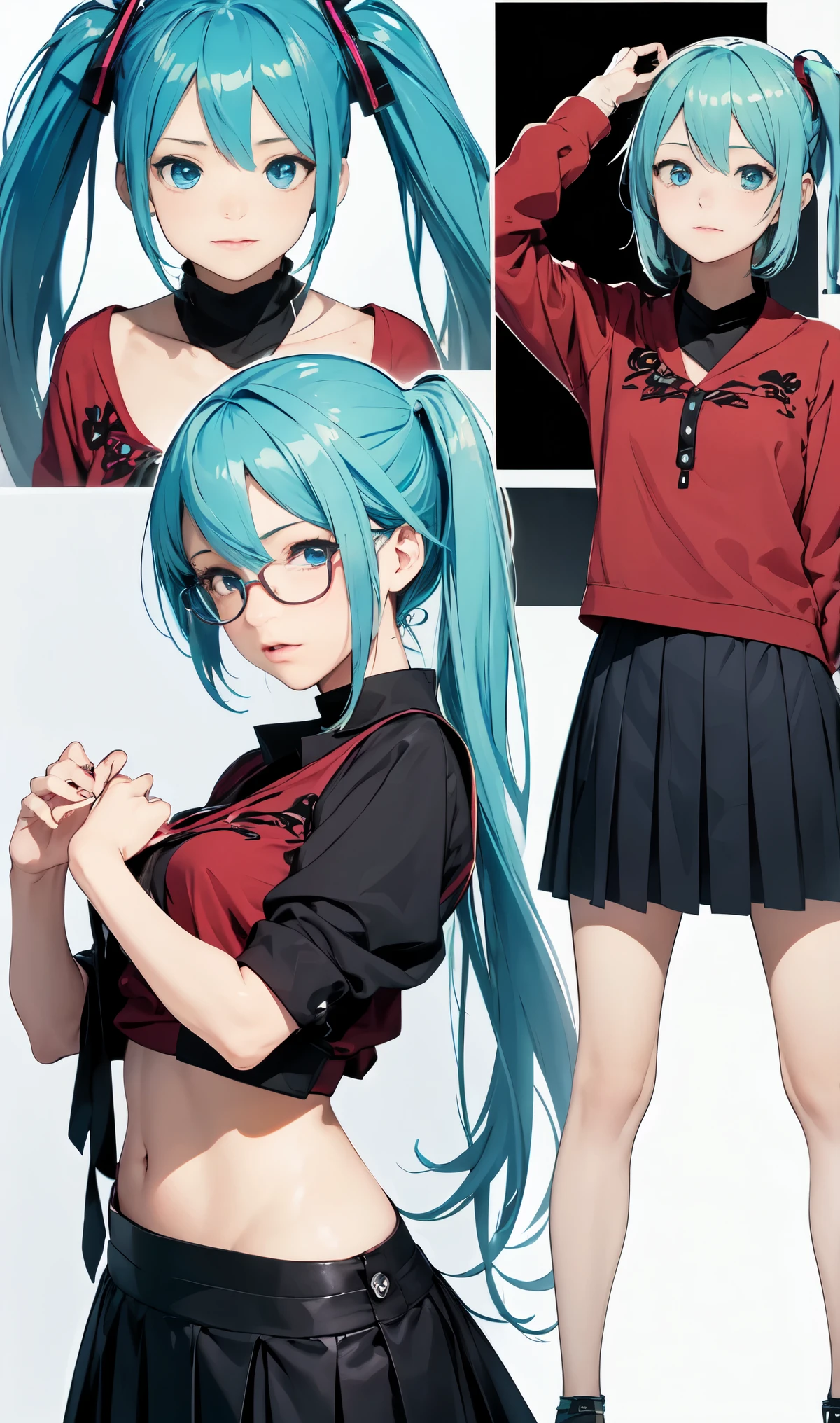 three view drawing, front and back and side、messy hair、black shirt、blunt bang cut、pleated skirt、one piece、messy hair、Sloppy、cross-eyed、drunk、turned around、( stupid / sexual ecstasy)、turned around、glasses、highest quality, realistic, Super delicate illustration, beautiful and charming anime girl, miku hatsune, slender body, tied hair, one girl, girl pictures, full body shot, beautiful blue eyes, turned around,