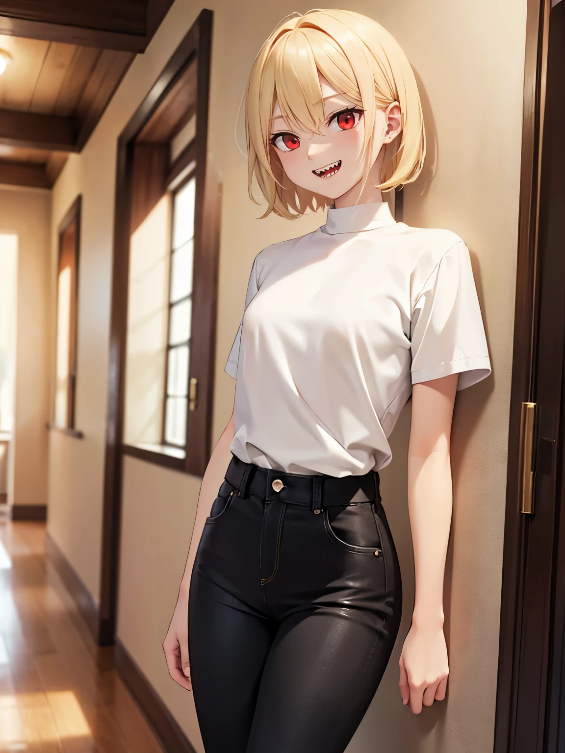 Blonde hair, tall, short hair, red eyes, white shirt, black pants, happy, black jeans, house, standing, medium chest