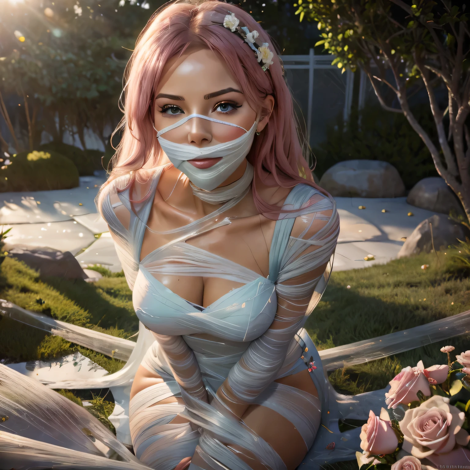 (best quality,4k,8k,highres,masterpiece:1.2),ultra-detailed,(realistic,photorealistic,photo-realistic:1.37),girl,beautiful detailed eyes,,gorgeous,pink messy hair ,long satin dress,harem girl,white roses bouquet,breathtaking scenery,romantic atmosphere,delicate touch of sunlight,glowing candles,splendid chandelier,whispering wind,faint fragrance of flowers,touch of elegance and charm,emotional connection,passionate love,kissing,captivating moment,surrounded by loved ones,joyful celebration,happiness and bliss,memorable occasion,eternal love,beyond words,fairytale-like,unforgettable memories,forever in their hearts, (gagged:1.4),(blindfold:1.3)