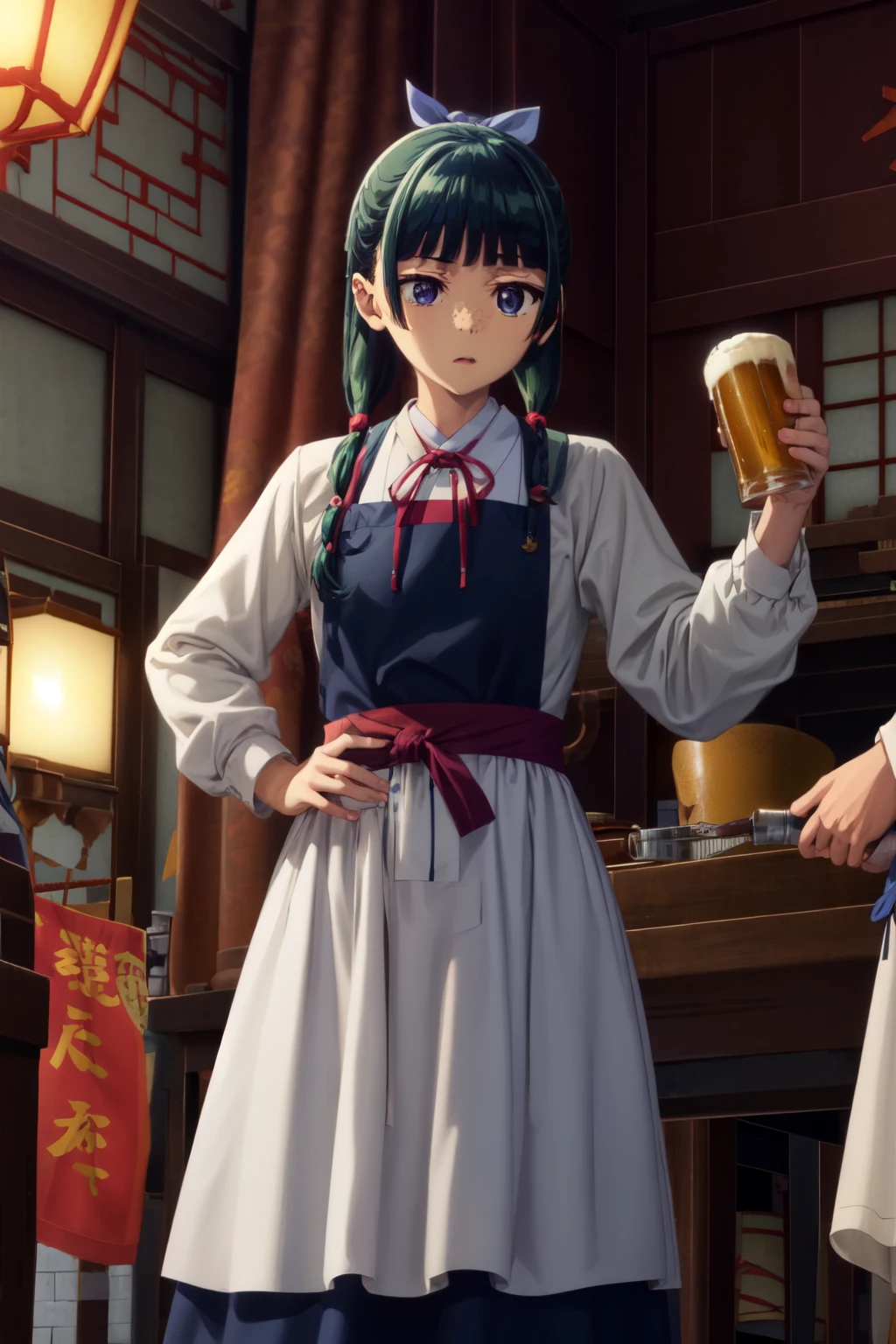 Ｅcup、hair is green,、Are thin,NMC, apron, ribbon, red dress, red ribbon, long sleeves, dress, shirt, waist apron, neck ribbon, frills, standing, white apron, white shirt、Japanese izakaya、drinking beer