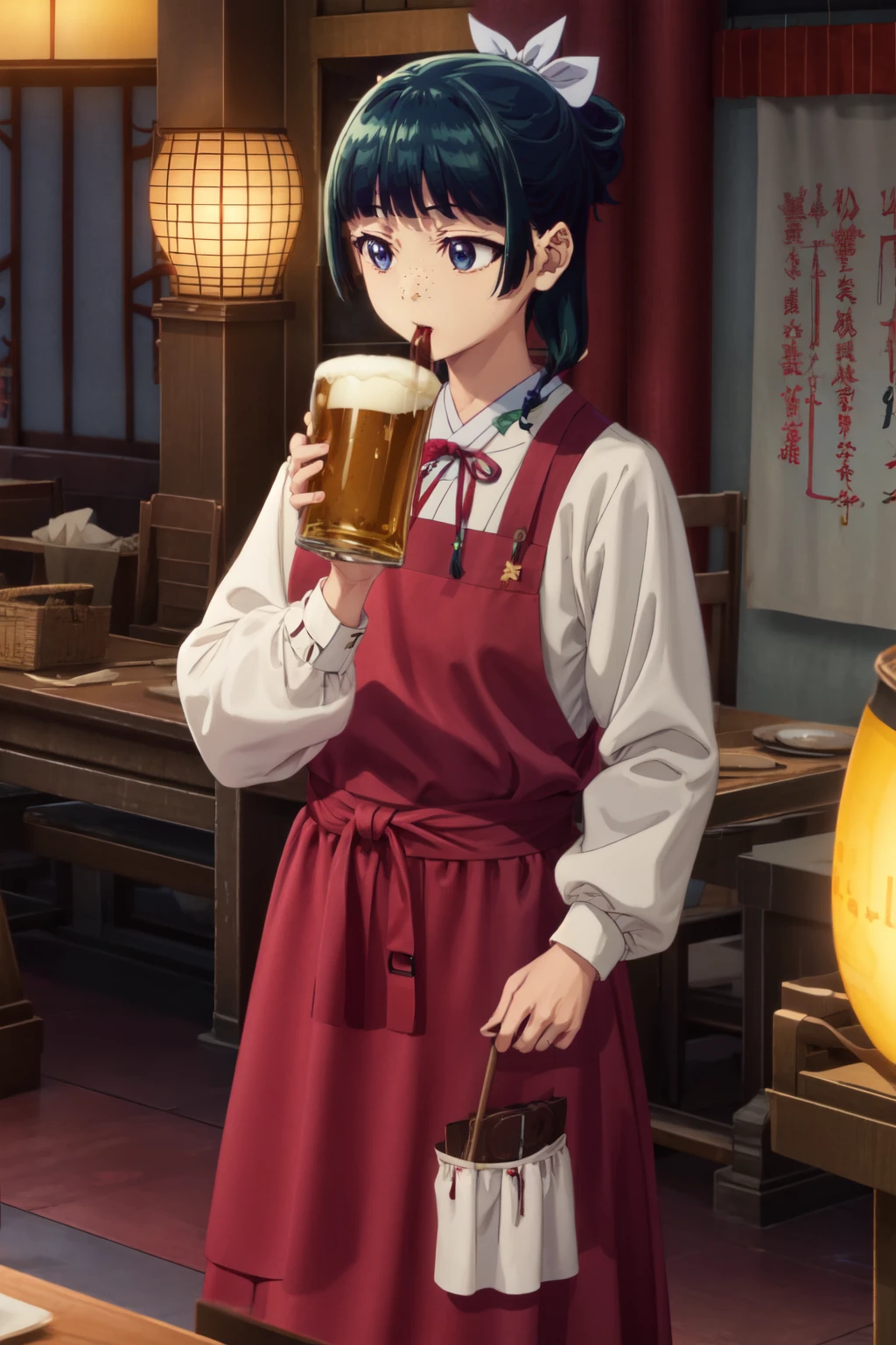 Ecup、hair is green,、Are thin,NMC, apron, ribbon, red dress, red ribbon, long sleeves, dress, shirt, waist apron, neck ribbon, frills, standing, white apron, white shirt、Japanese izakaya、drinking beer