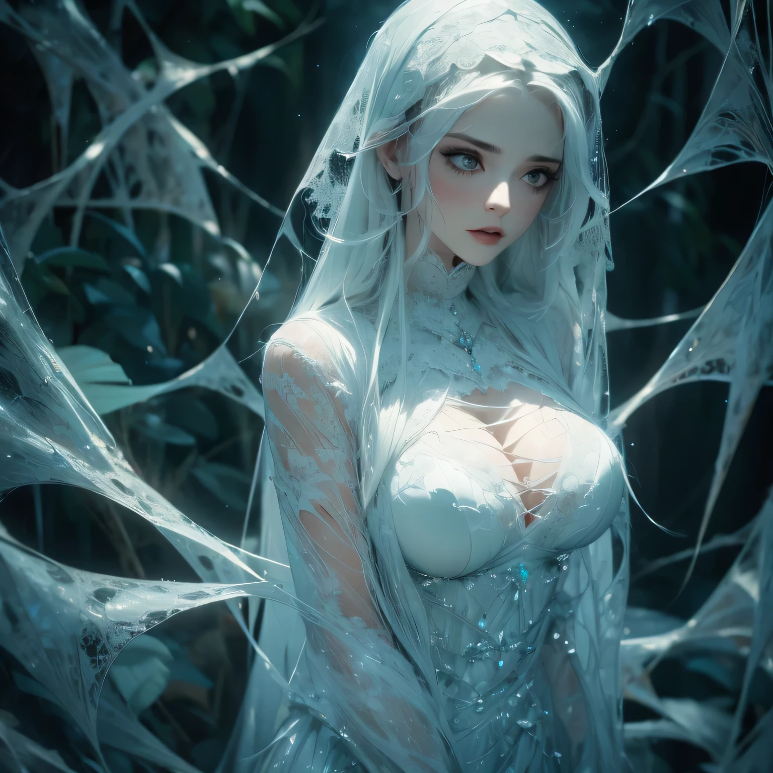 web silk, trapped, fear in her eyes, dimly lit, surreal, dark fantasy, eerie atmosphere, hauntingly beautiful, intricate details, delicate strands, intricate patterns, cobweb-covered surroundings, ethereal lighting, otherworldly, intricate spiderweb design, enigmatic, mysterious allure. (best quality,highres), (dark fantasy:1.2), (ethereal:1.1), (haunting:1.1), (intricate:1.2), (eerie:1.1), (surreal:1.1), (detailed:1.1)