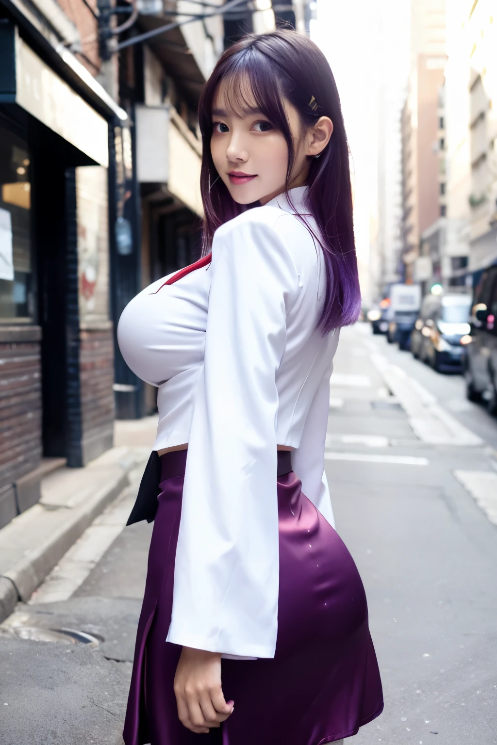 ((masutepiece)), ((Best Quality)), (Ultra-detailed), ((Extremely detailed)), 4K, (8K), Best Quality, (Beautiful), city, backstreet, Winters, Cute s, 1girl in, Solo, Anime-style costumes, Beautiful purple hair 0, ((Beautiful eyes)), large full breasts, beautiful woman with big breasts and big ass, perfect face , dressed in a beautiful skirt suit white with tie red like secretary