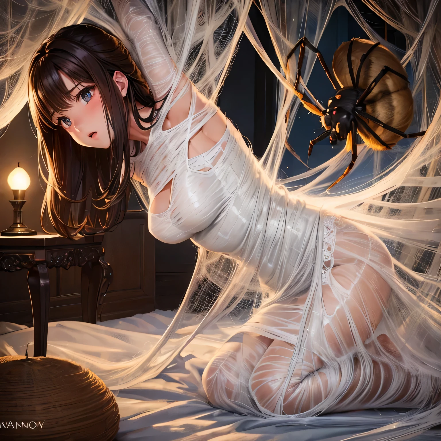 1girl,Spider weaving a net on the girl,réalism:1.2,ultra-detailed,bedroom setting,stretched pose,struggling in the net,brown haired,very long sheer skirt,oaken floor,soft sunlight,delicate spider silk,lace curtains,bedside table,decorative pillows