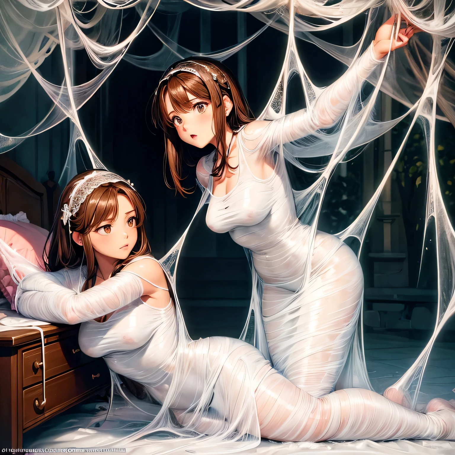 1girl,Spider weaving a net on the girl,réalism:1.2,ultra-detailed,bedroom setting,stretched pose,struggling in the net,brown haired,very long sheer skirt,oaken floor,soft sunlight,delicate spider silk,lace curtains,bedside table,decorative pillows