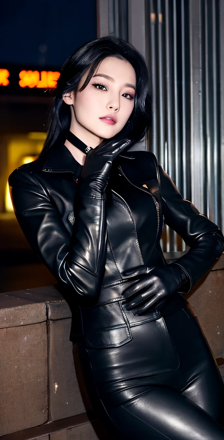 black leather rider jacket, office in the dark, Fingertips of black leather gloves on both hands,wearing black leather gloves,sitting in a black leather chair、 Japanese female new employee (black leather gloves cover both hands) (The angle is horizontal)、black leather leather pants,black leather black leather pants,black leather skinny pants、Long black leather boots on both feet、black hair ponytail ((He wears black leather gloves on his hands))Full body photo,full body shot full body full body leather suit,☺If you turn in this direction。wearing black leather gloves,wearing black leather gloves,wearing black leather gloves,wearing black leather gloves,wearing black leather gloves,wearing black leather gloves,黒のレザーパンツが美しい😍黒のレザーパンツが美しい😍黒のレザーパンツが美しい,😍I'm smiling while looking at you,city lights、((neon cyberpunk city street:1.3))、(neon light)、detailed lighting、
best image quality、ultra high resolution、(realism:1.4)、korean beauty star、The most beautiful KPOP stars、face、horny korean makeup、A body that makes you want to touch it、realistic leather texture、Costume made of smooth leather fabric、The drape of the curved parts of the leather fabric、The costume has a strong shine、costume quality、8K photo quality、