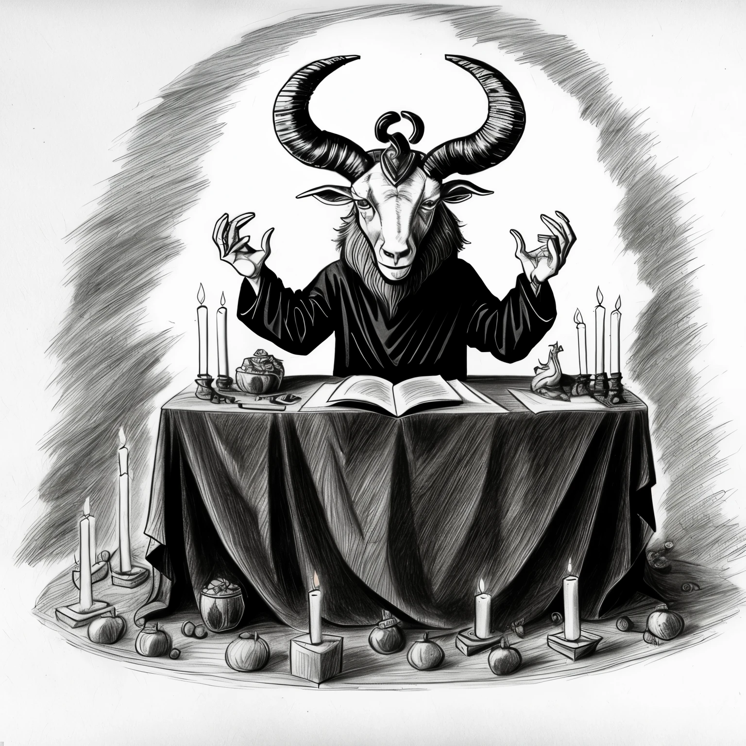 Scribbled pencil drawings of a goat-headed demon with large horns in a satanic ritual sacrificing a woman on a blood-covered altar