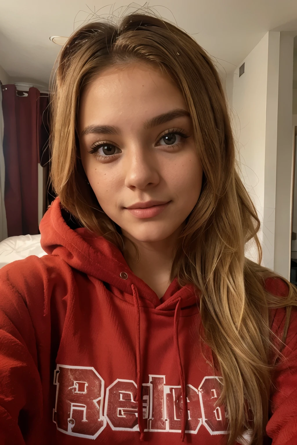 cute 19 years old blonde latina girl with brown eyes taking a selfie with the front camera using a oversized red hodie sshe has the hood up